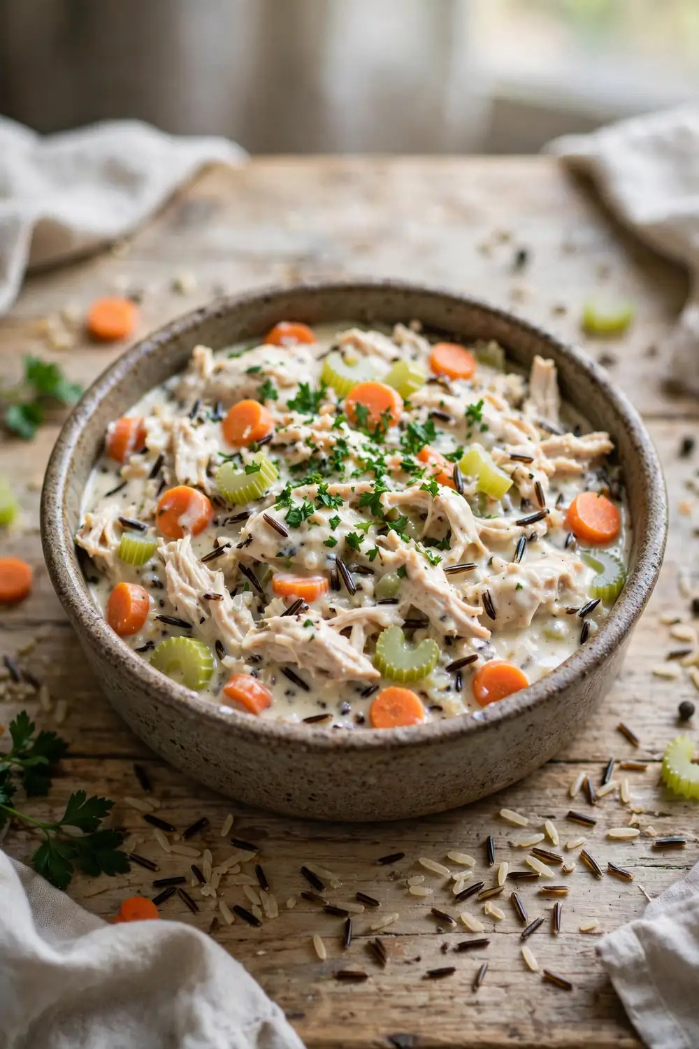 Slow cooker chicken, wild rice, and vegetable casserole with creamy sauce in a rustic dish