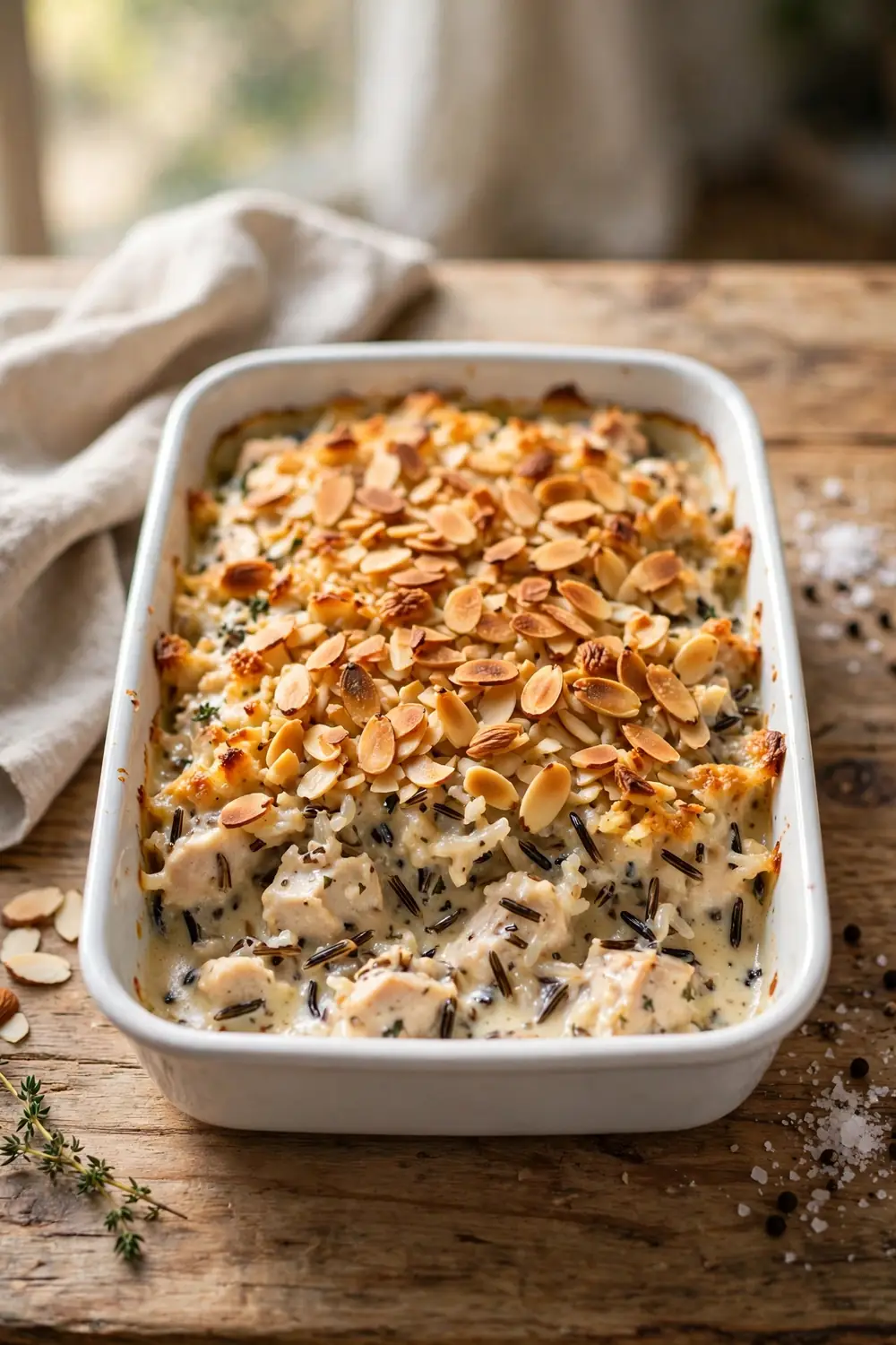 Chicken, wild rice, and almond casserole bake with crunchy toasted almond topping in a white dish