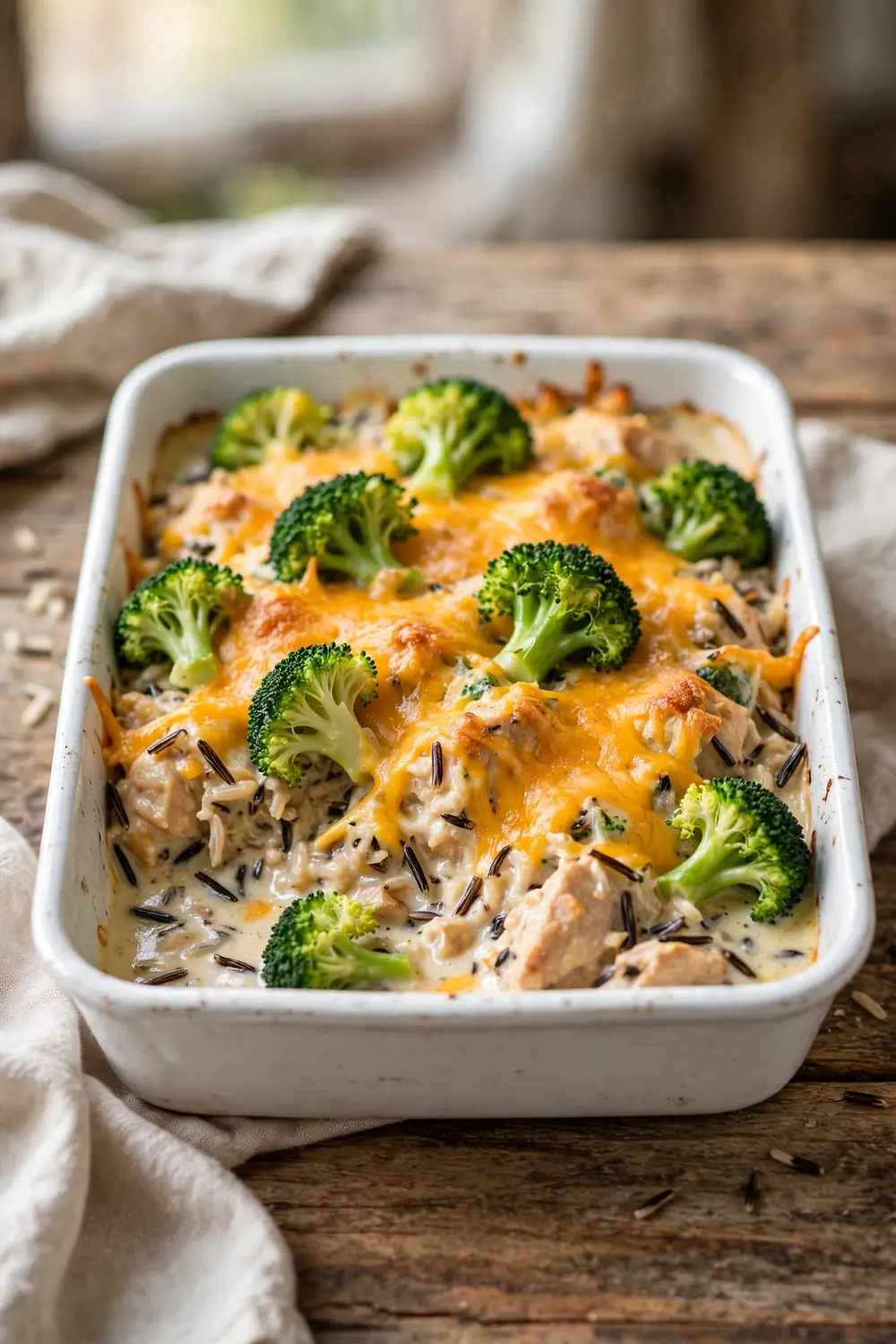 Chicken, wild rice, and broccoli casserole bake with melted cheddar and green florets