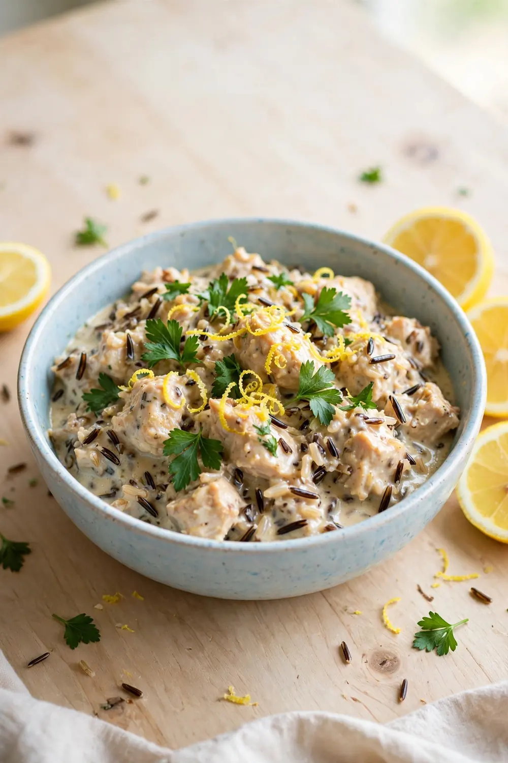 Chicken, wild rice, and lemon herb casserole bake with zest and parsley in a bright dish