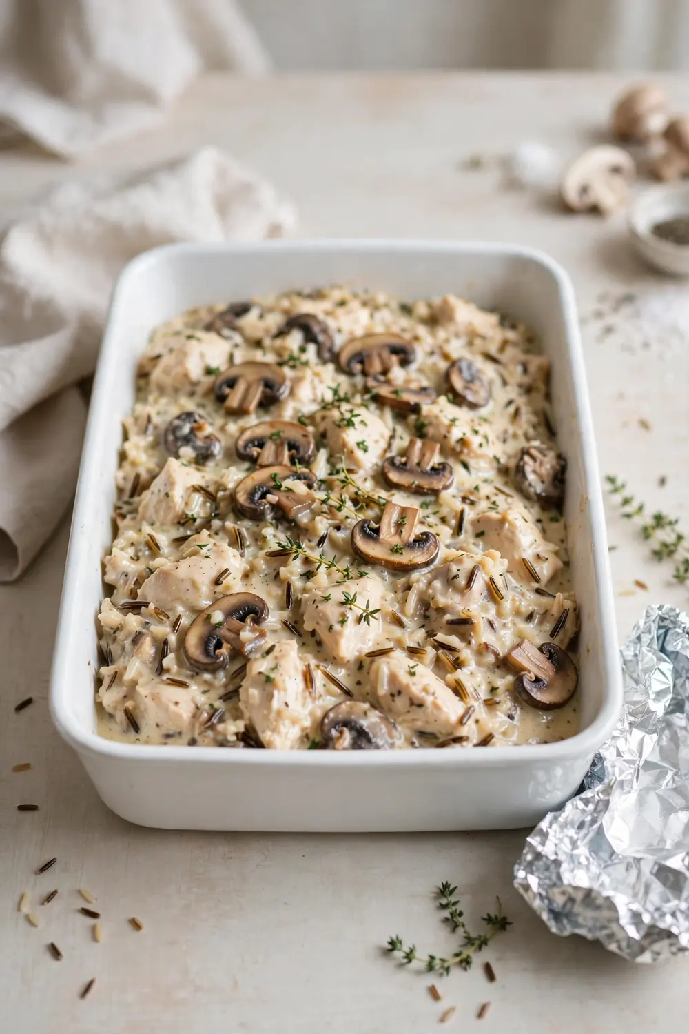 Make ahead chicken, wild rice, and vegetable casserole bake assembled in a dish ready for the oven