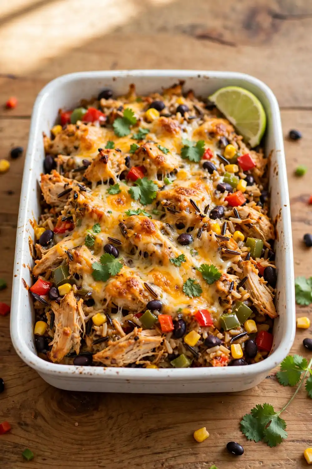 Spicy southwest chicken, wild rice, and pepper casserole bake with melted cheese and cilantro