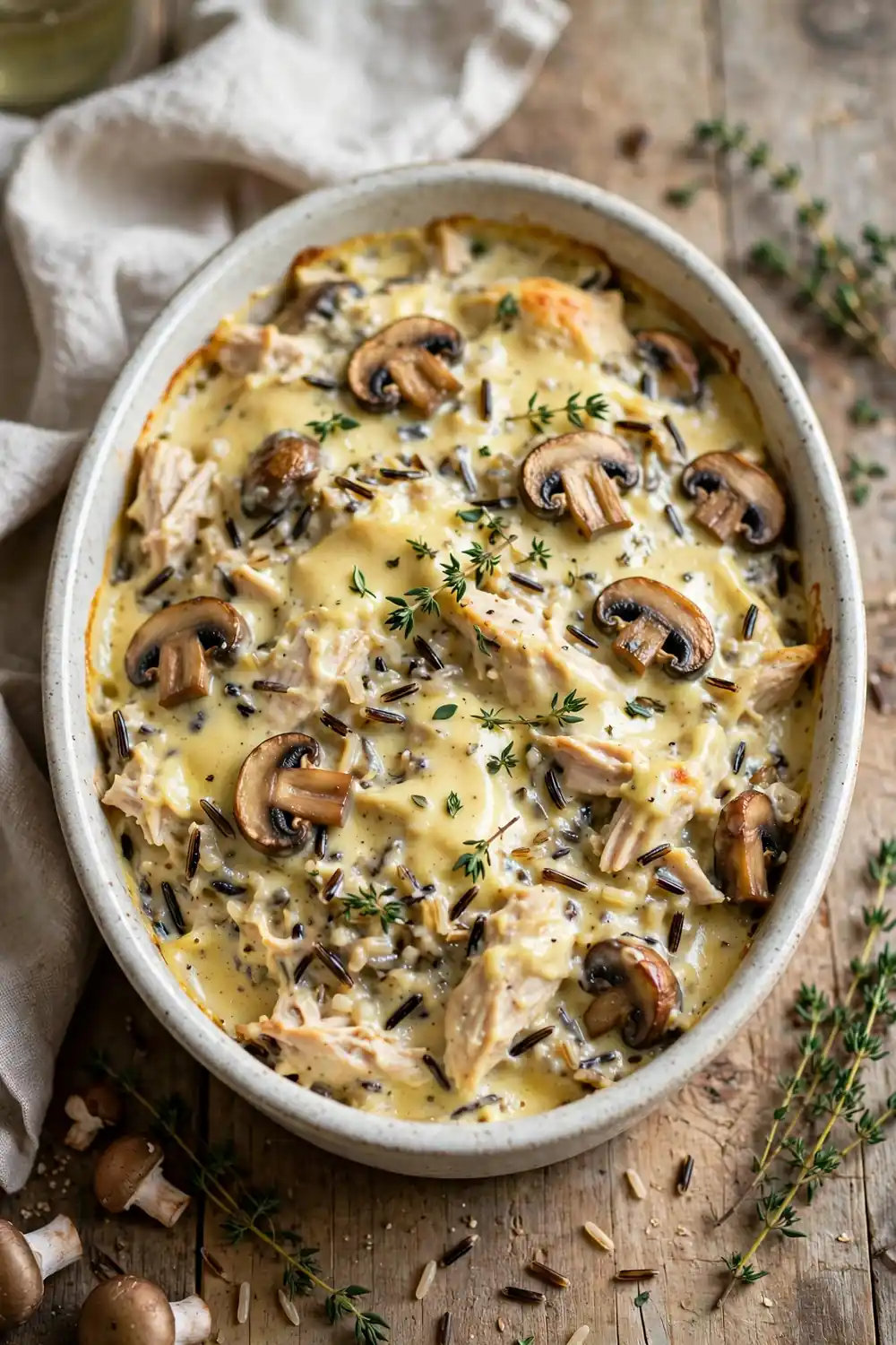 Creamy Dijon chicken, wild rice, and mushroom casserole bake with mustard sauce in a ceramic dish