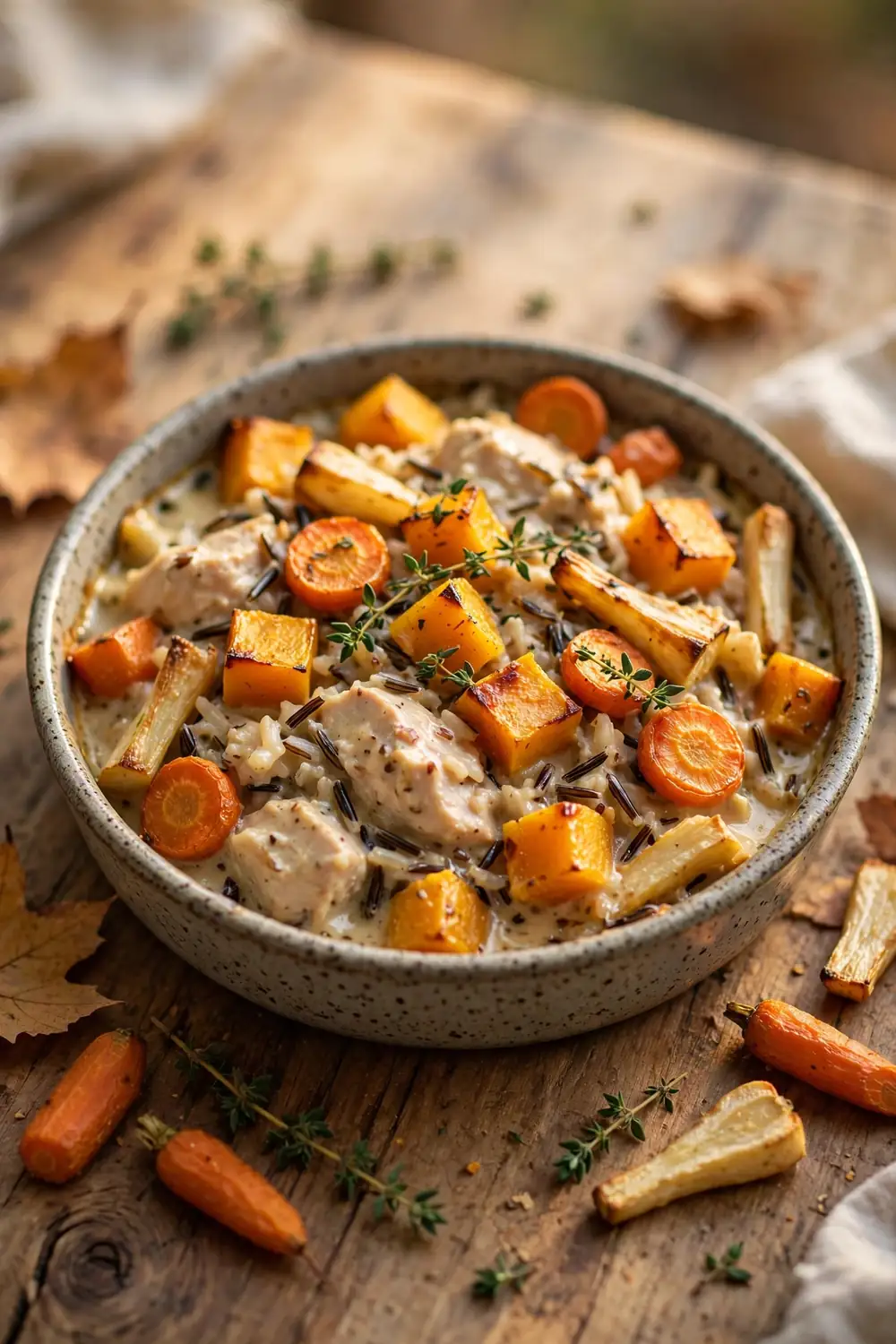 Chicken, wild rice, and harvest vegetable casserole bake with squash and carrots in a rustic dish