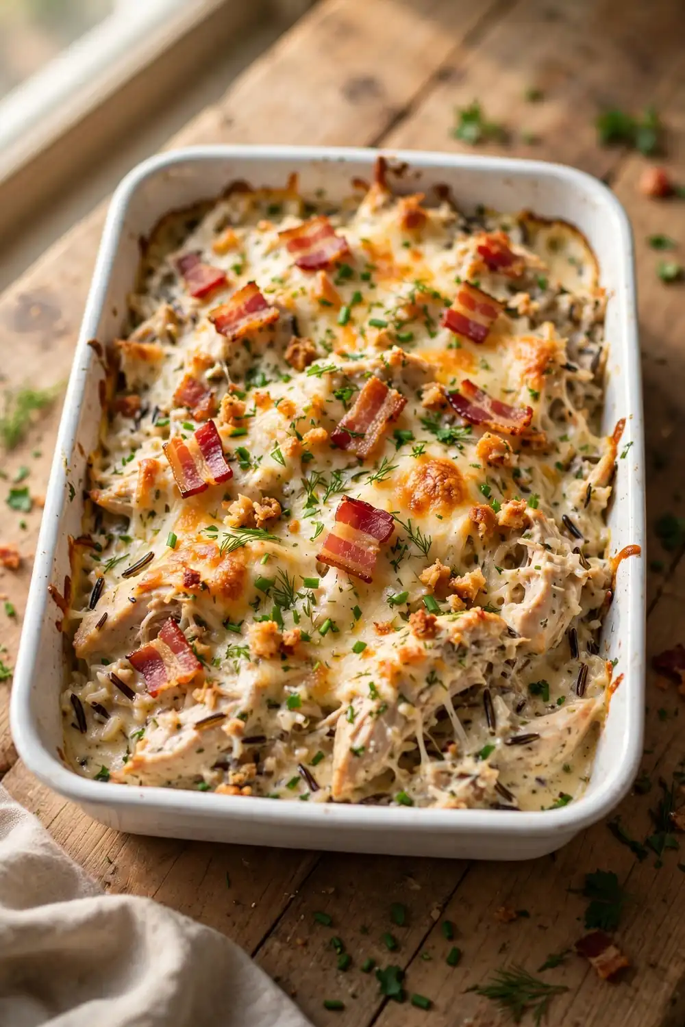 Bacon ranch chicken, wild rice, and cheese casserole bake with crisp bacon and herbs