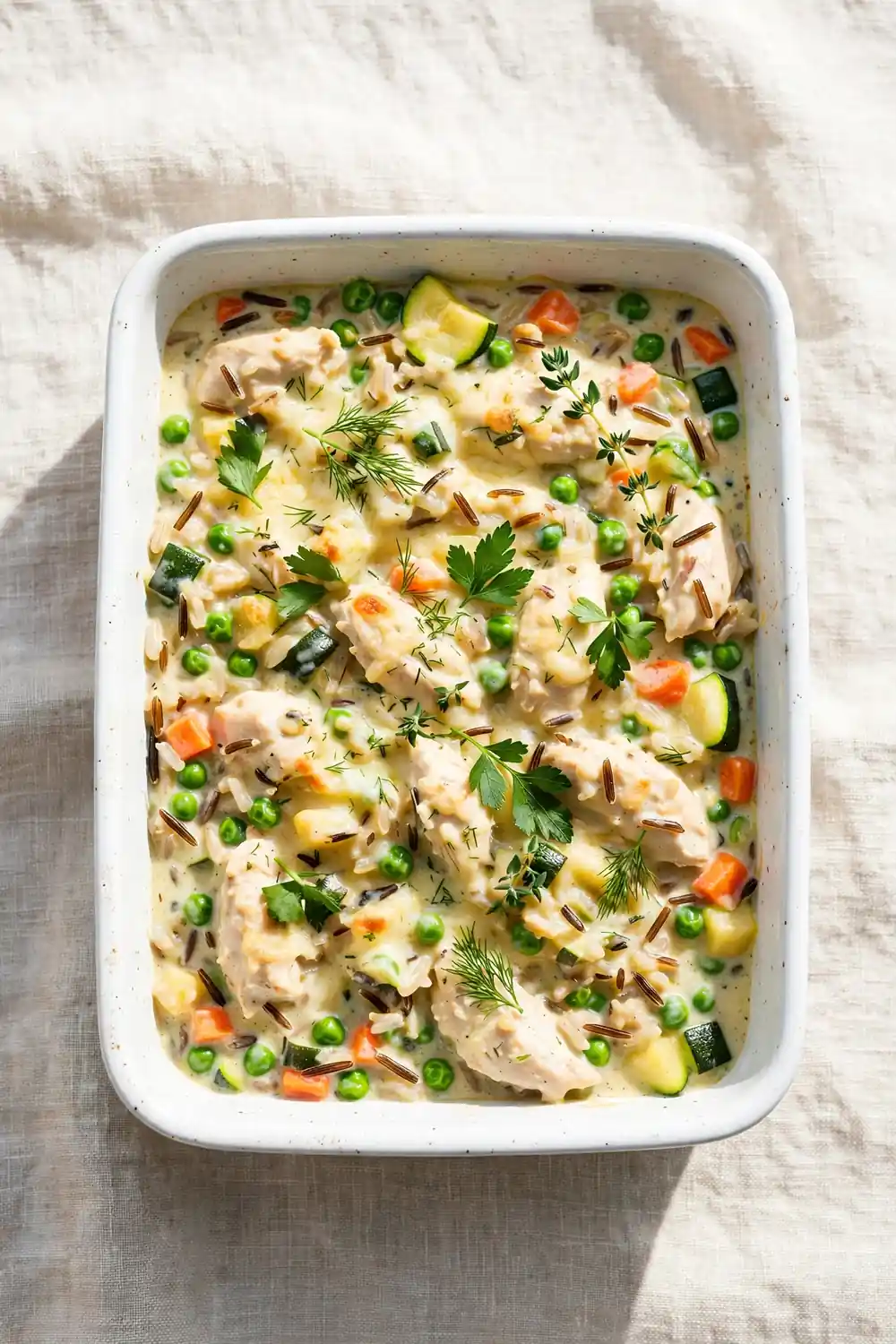 Lighter yogurt chicken, wild rice, and vegetable casserole bake with creamy sauce in a white dish