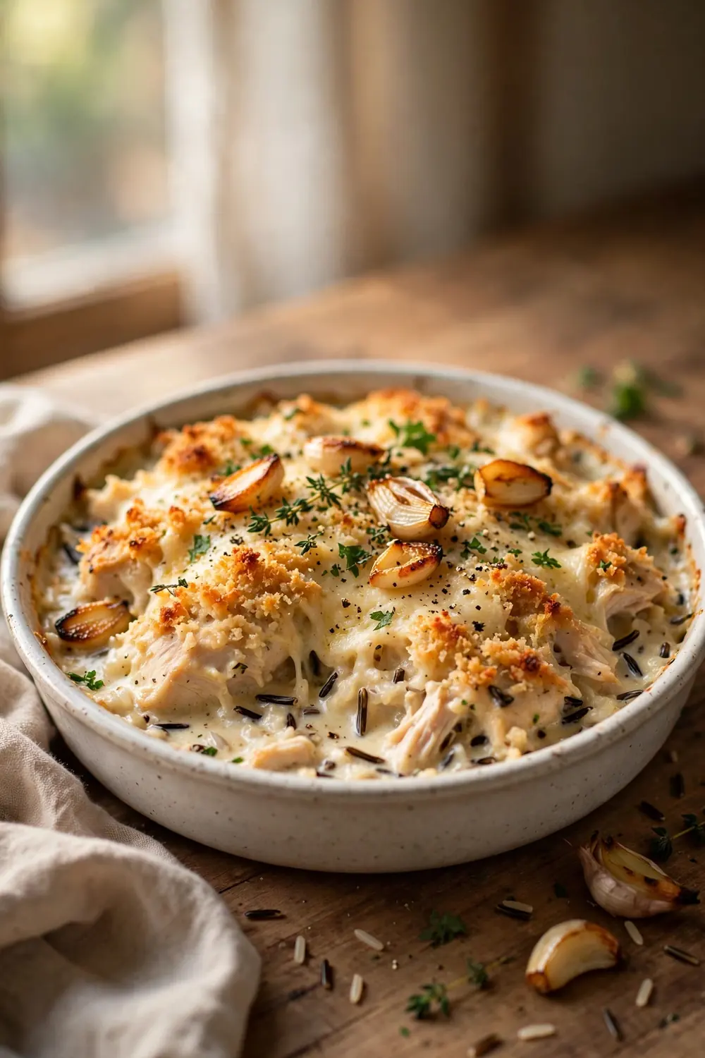Garlic parmesan chicken, wild rice, and mushroom casserole bake with golden crust
