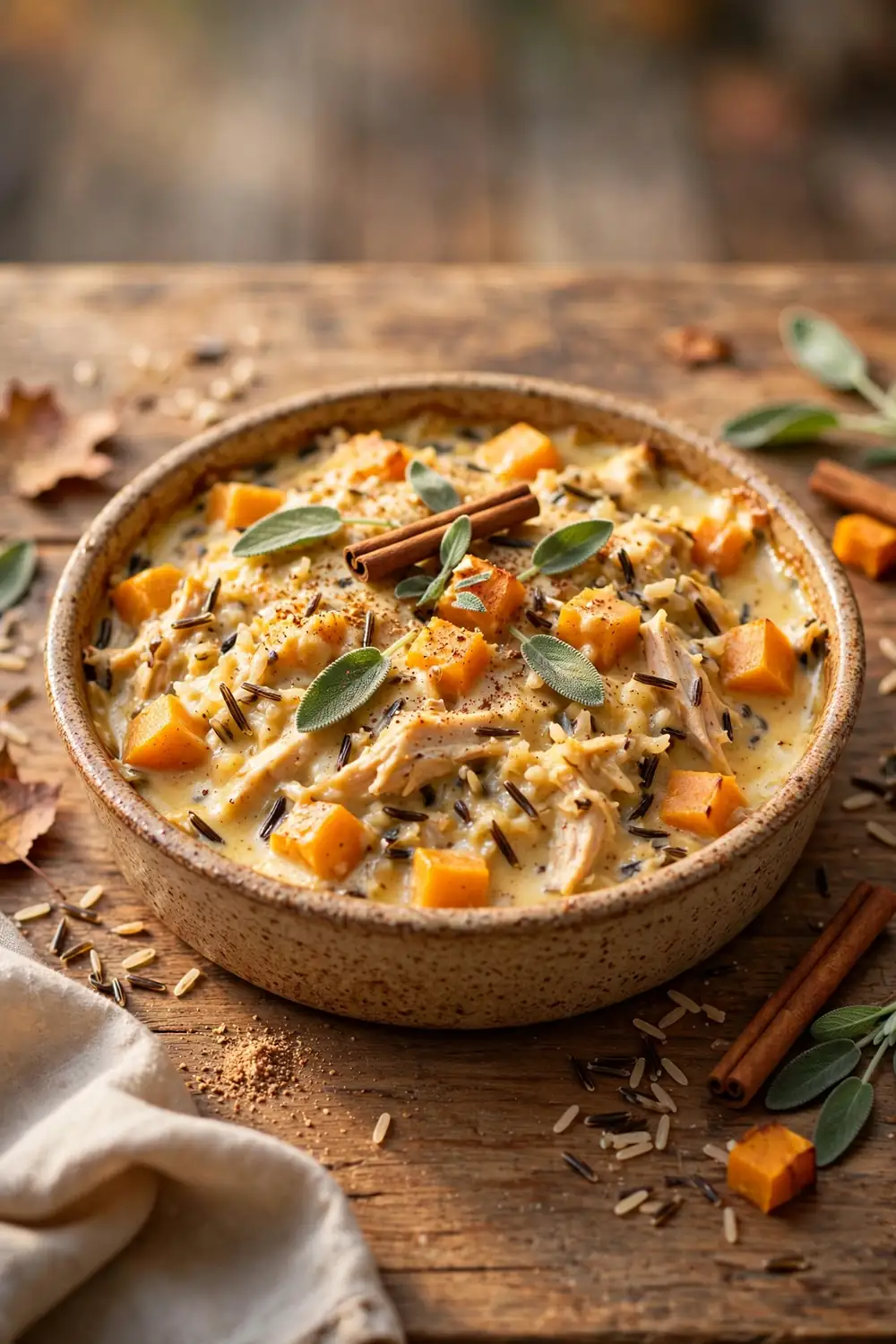Autumn spiced chicken, wild rice, and squash casserole bake with warm spices in a rustic dish