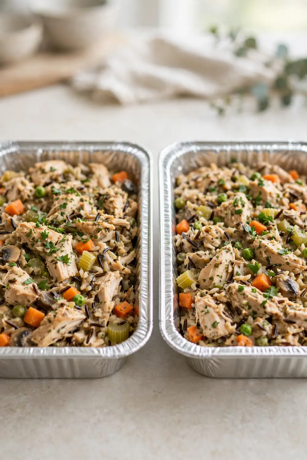 Freezer friendly chicken, wild rice, and vegetable casserole bake in foil pans ready to freeze