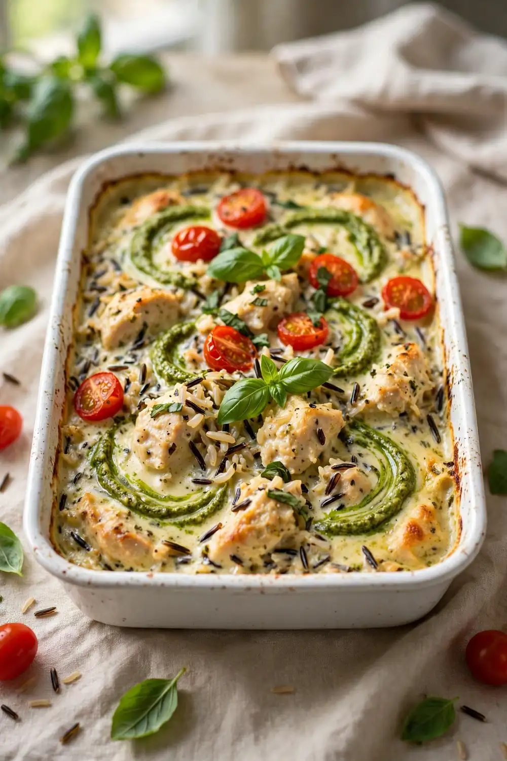 Pesto basil chicken, wild rice, and tomato casserole bake with green swirls in a white dish