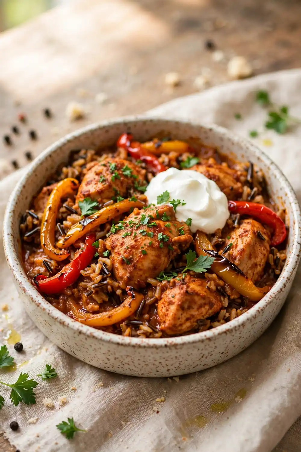 Smoky paprika chicken, wild rice, and pepper casserole bake with warm color in a ceramic dish