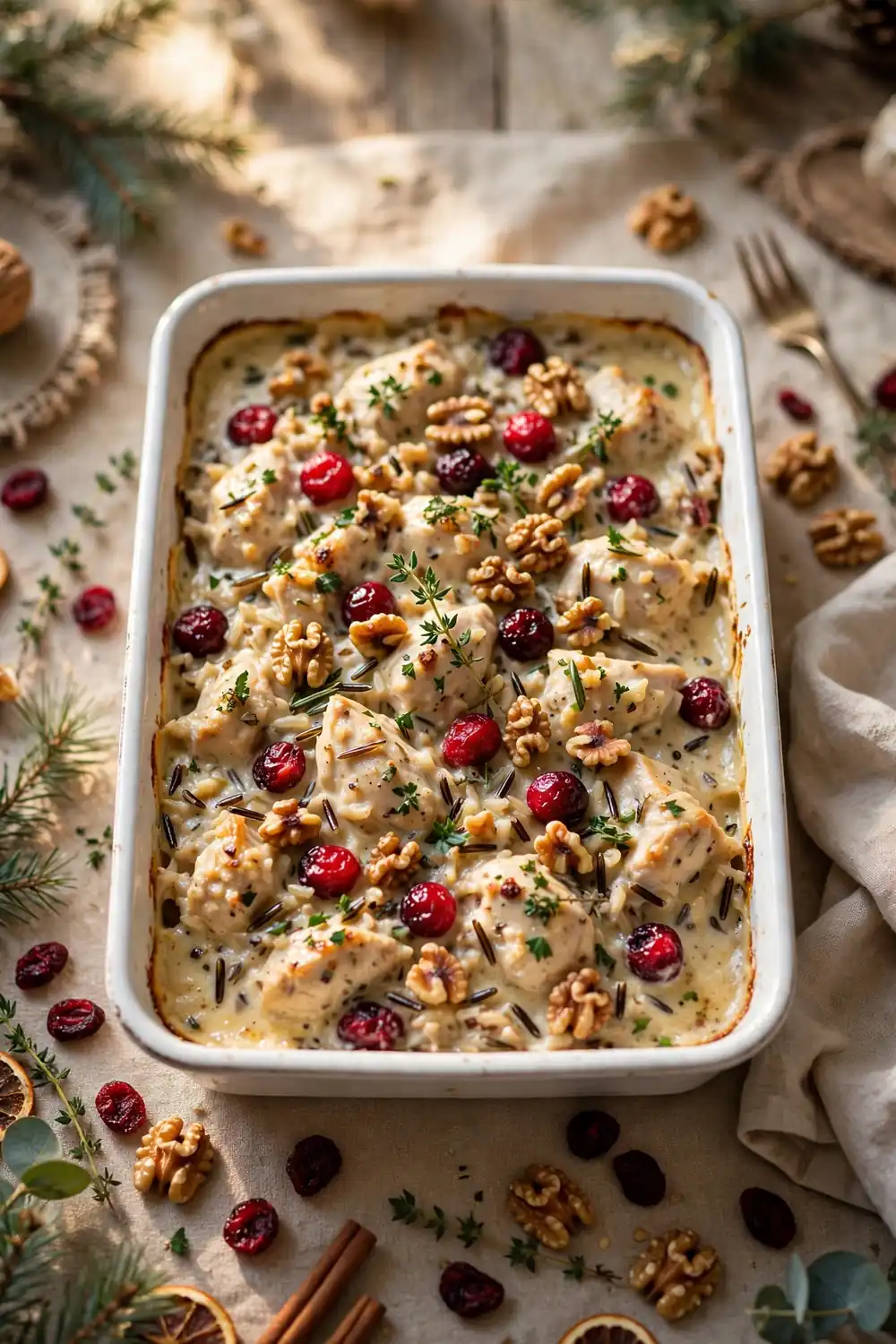 Cranberry walnut chicken, wild rice, and herb casserole bake with tart berries in a white dish