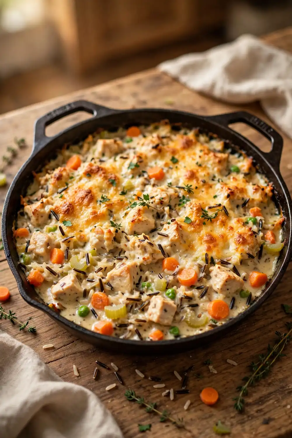 One pan chicken, wild rice, and vegetable casserole bake with golden top in a skillet dish