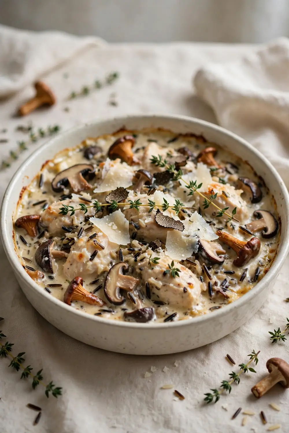 Truffle mushroom chicken, wild rice, and cream casserole bake with elegant topping in a ceramic dish