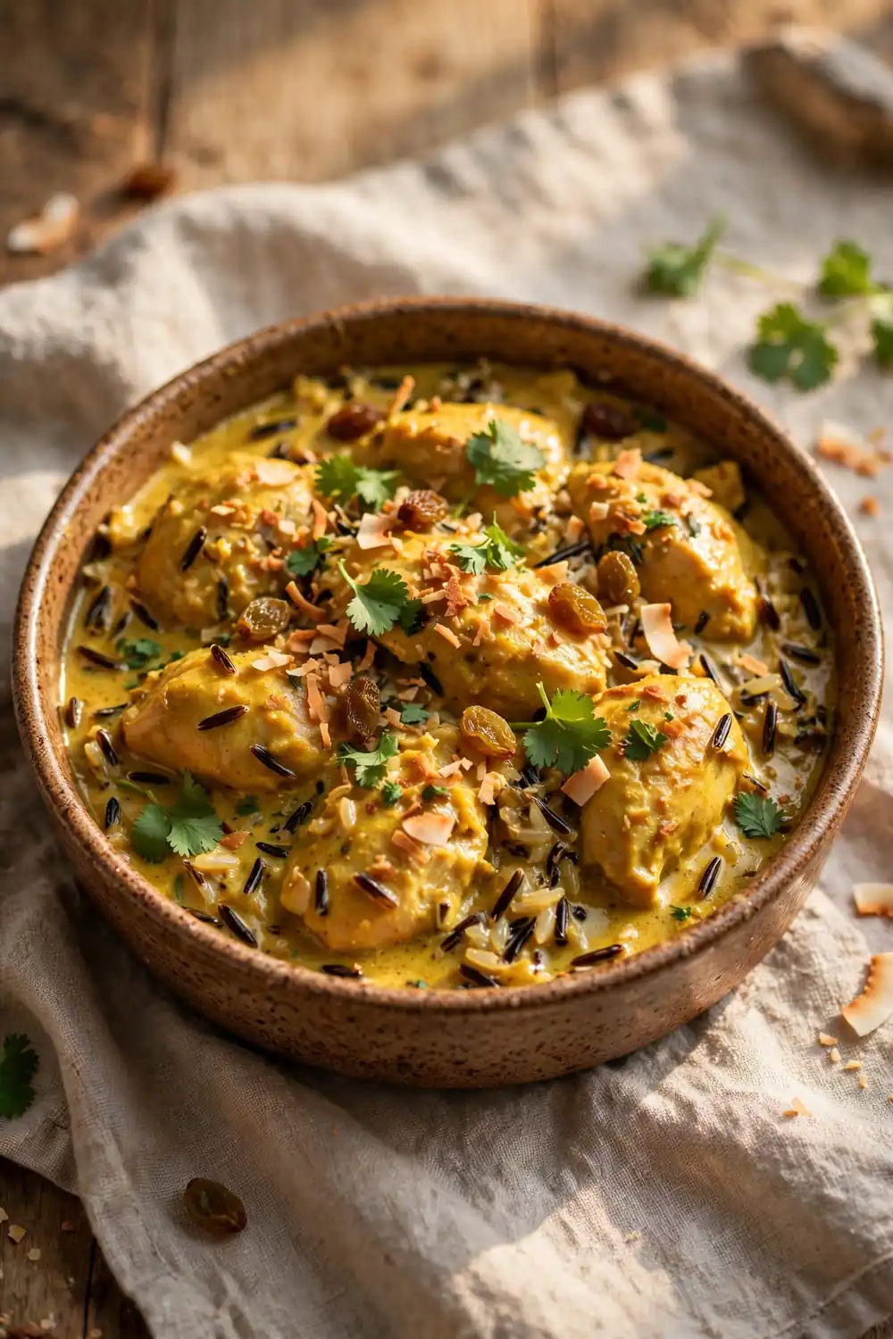 Curry inspired chicken, wild rice, and vegetable casserole bake with golden spices in a rustic dish