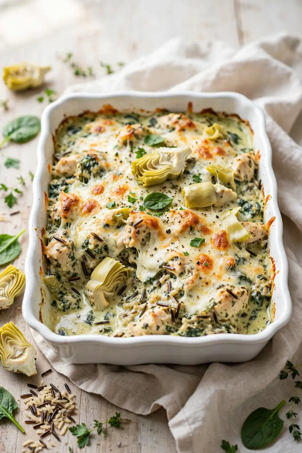 Spinach artichoke chicken, wild rice, and cheese casserole bake with creamy green filling