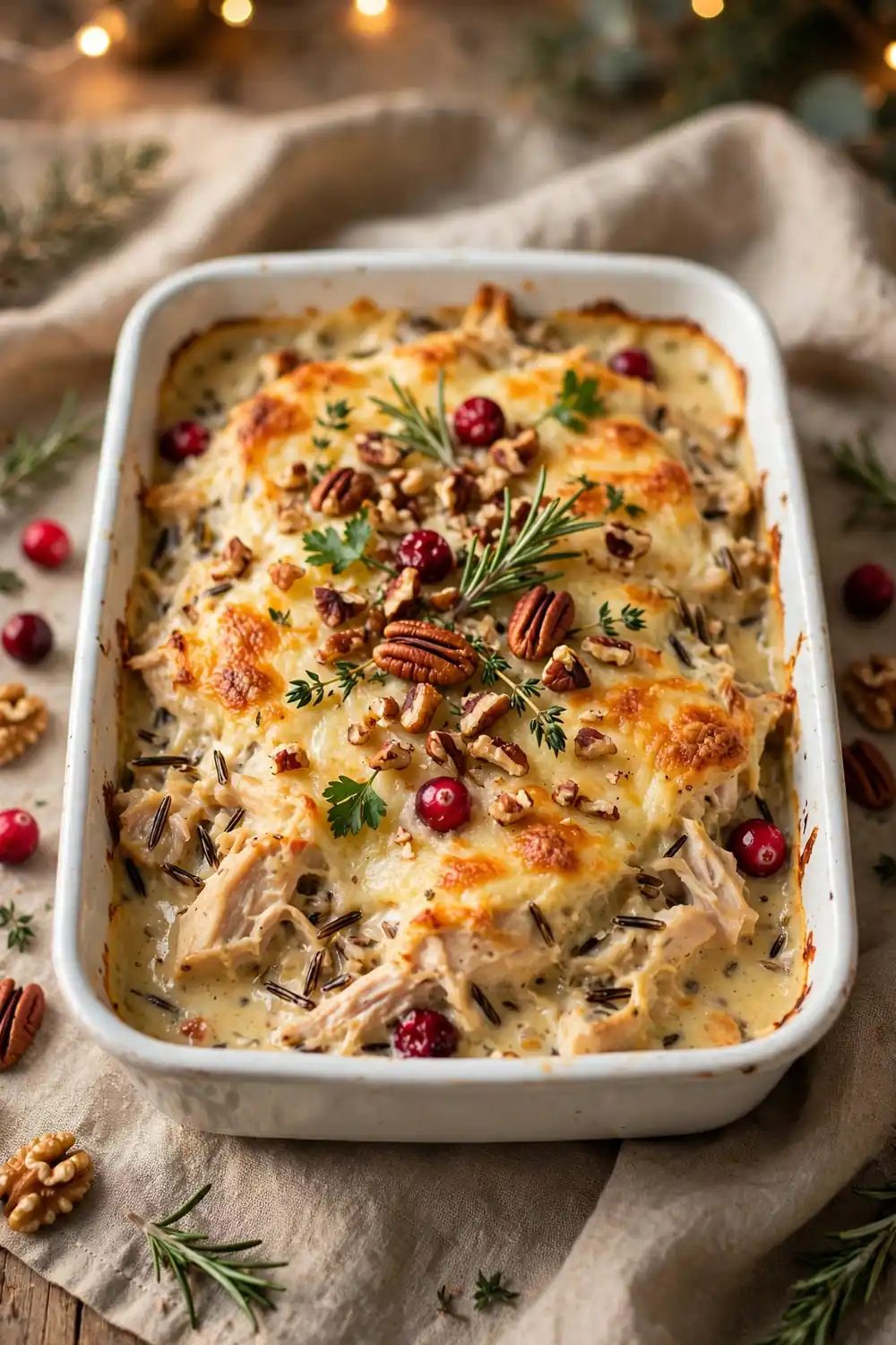 Holiday chicken, wild rice, and cranberry casserole bake with herbs as a festive centerpiece