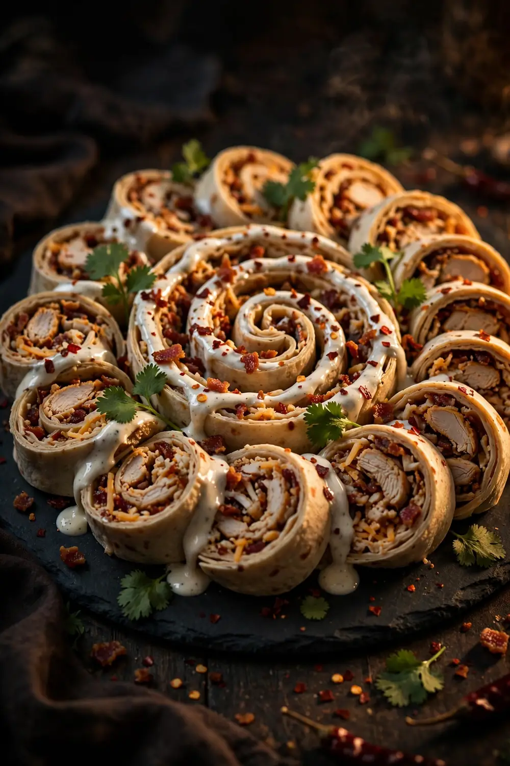 Smoky chipotle chicken pinwheel slices arranged in a spiral on a slate platter