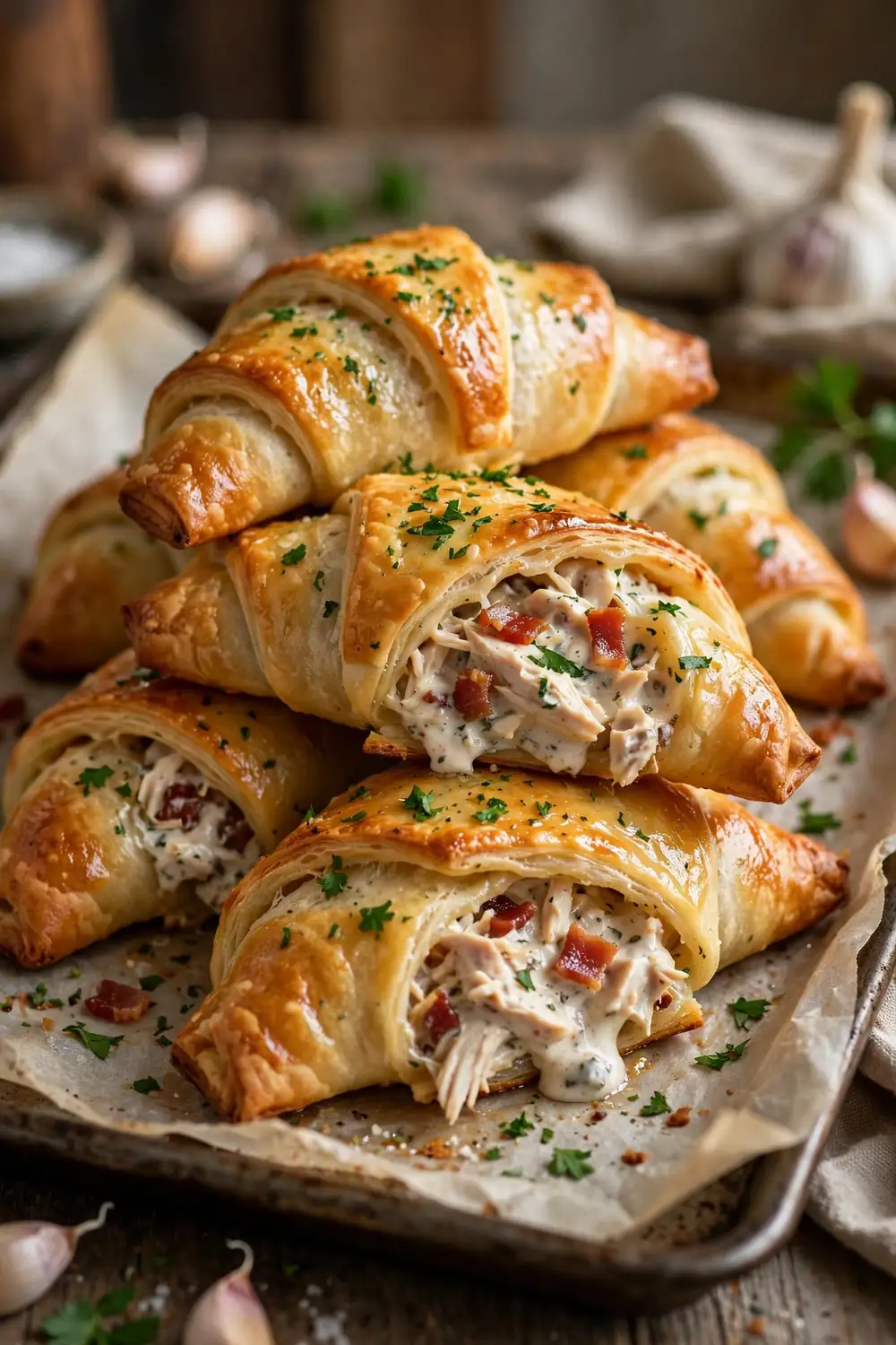 Garlic butter crescent foldovers stuffed with chicken and bacon filling on a baking tray