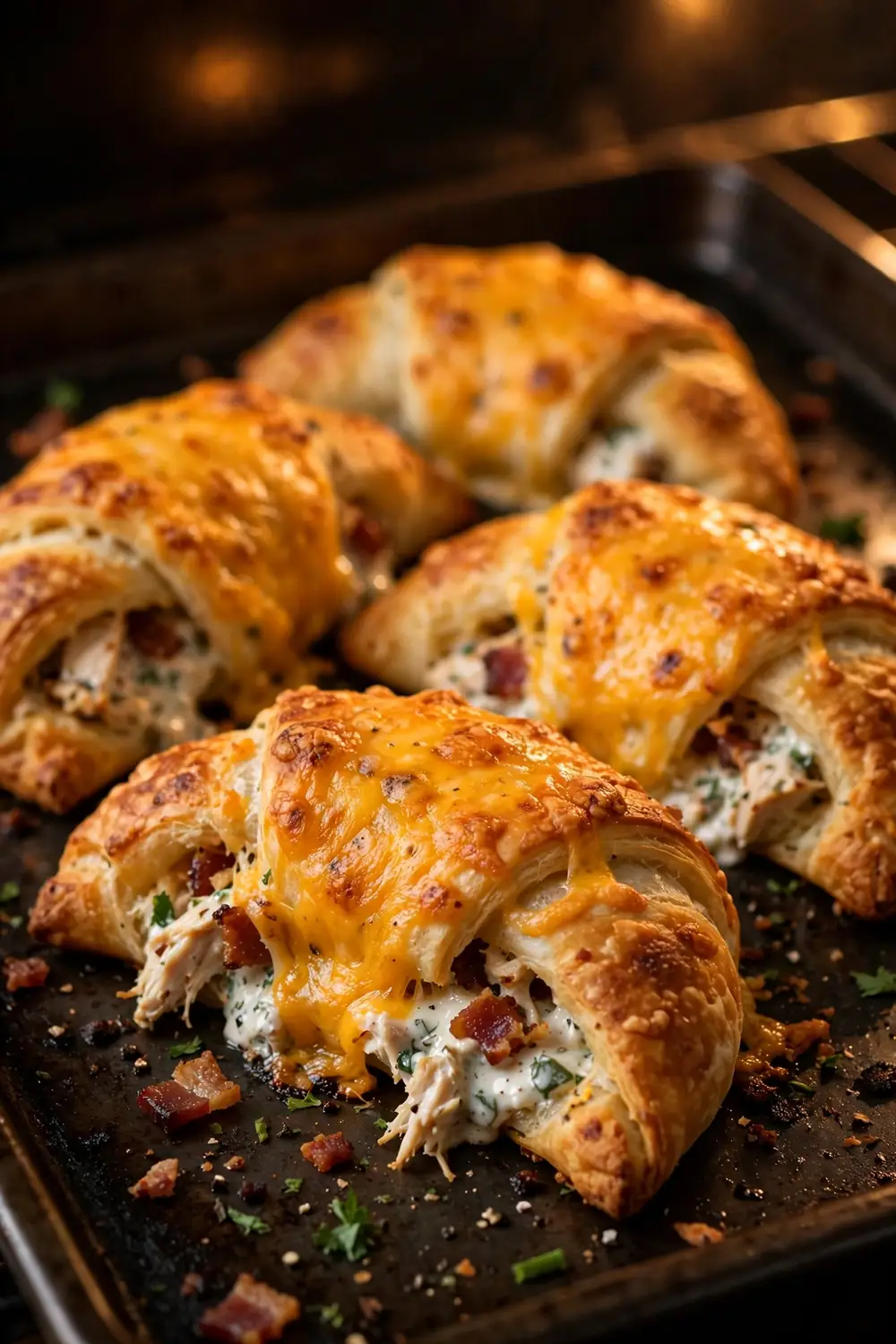Cheesy ranch stuffed crescents with melted cheddar tops on a baking sheet