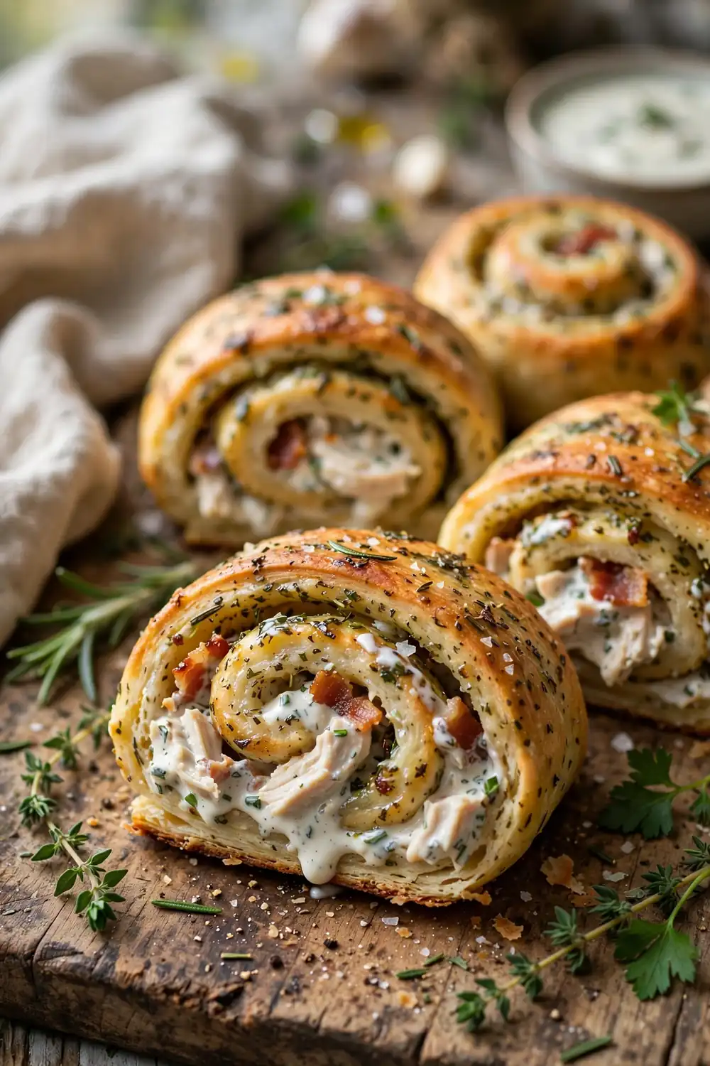 Herbed pizza dough rolls brushed with rosemary butter on a rustic board