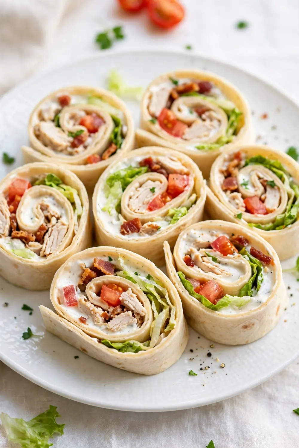 BLT ranch pinwheel slices with chicken, lettuce and tomato swirls