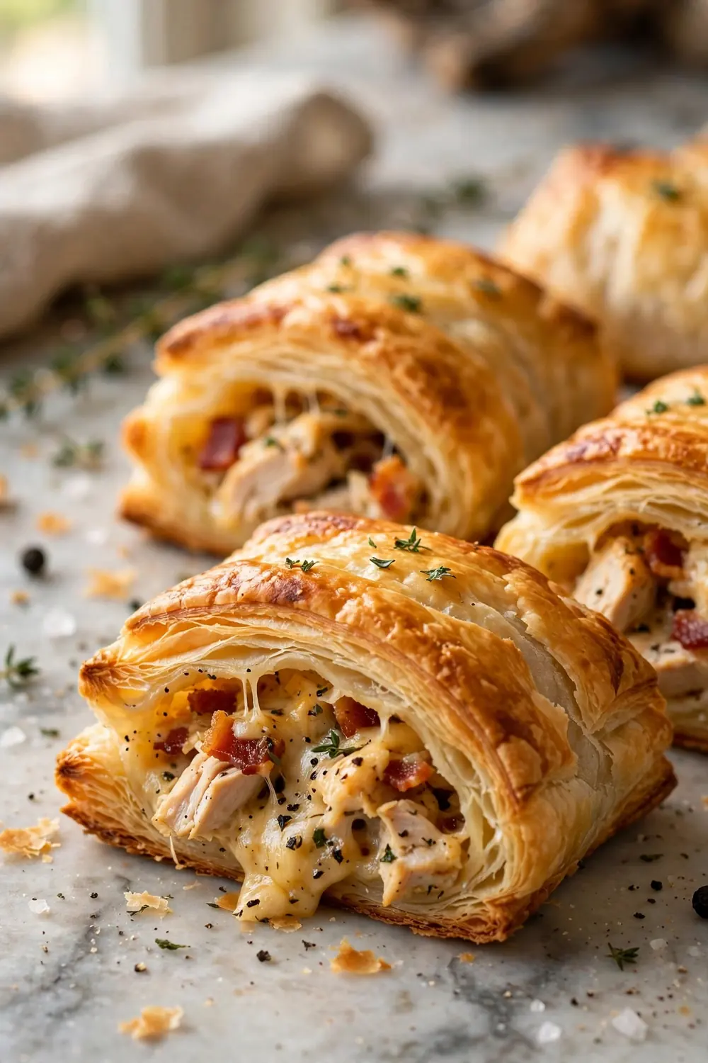 Golden puff pastry cheese rolls with chicken bacon filling and flaky layers