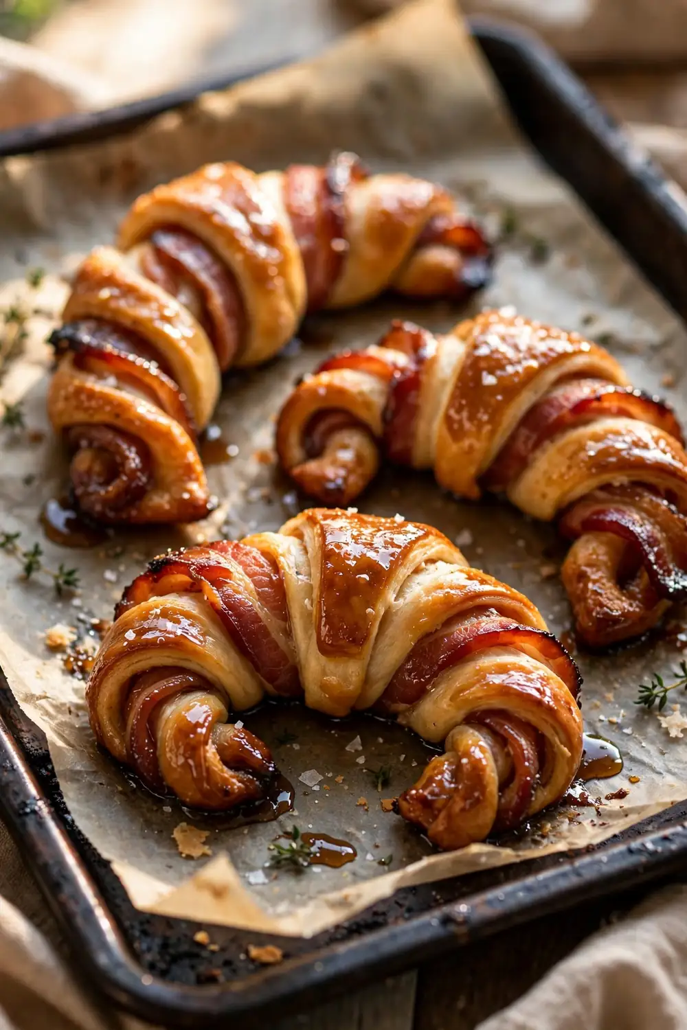 Maple glazed bacon crescent twists with caramelized edges on parchment