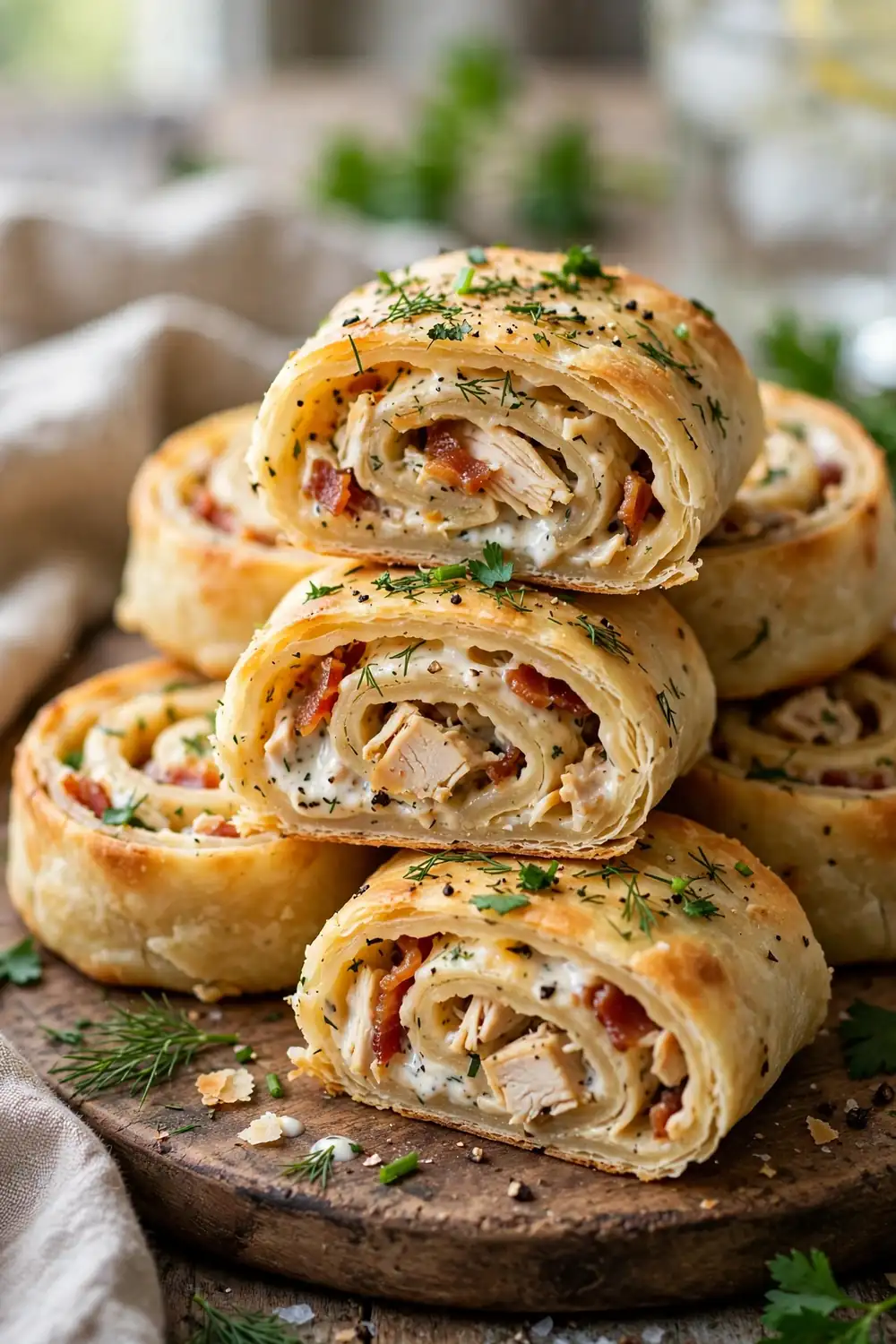 Loaded ranch flatbread rolls sliced into golden spirals with herbs