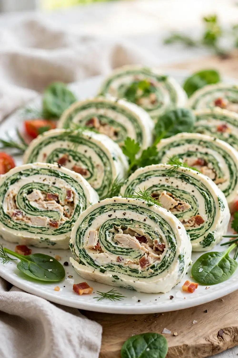 Spinach cream cheese pinwheels with chicken and bacon in neat spirals