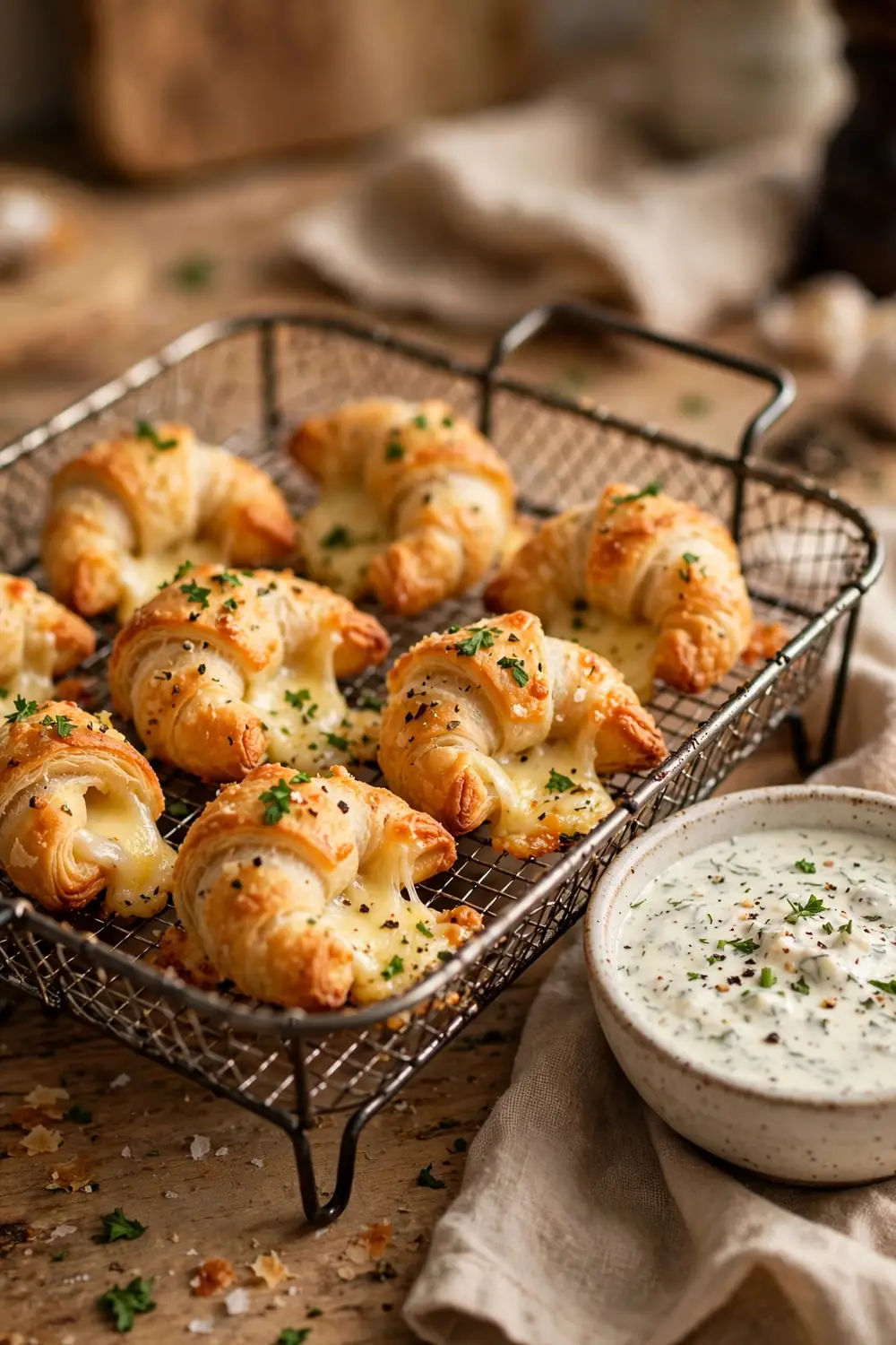 Crispy air fryer crescent bites with golden edges in a basket