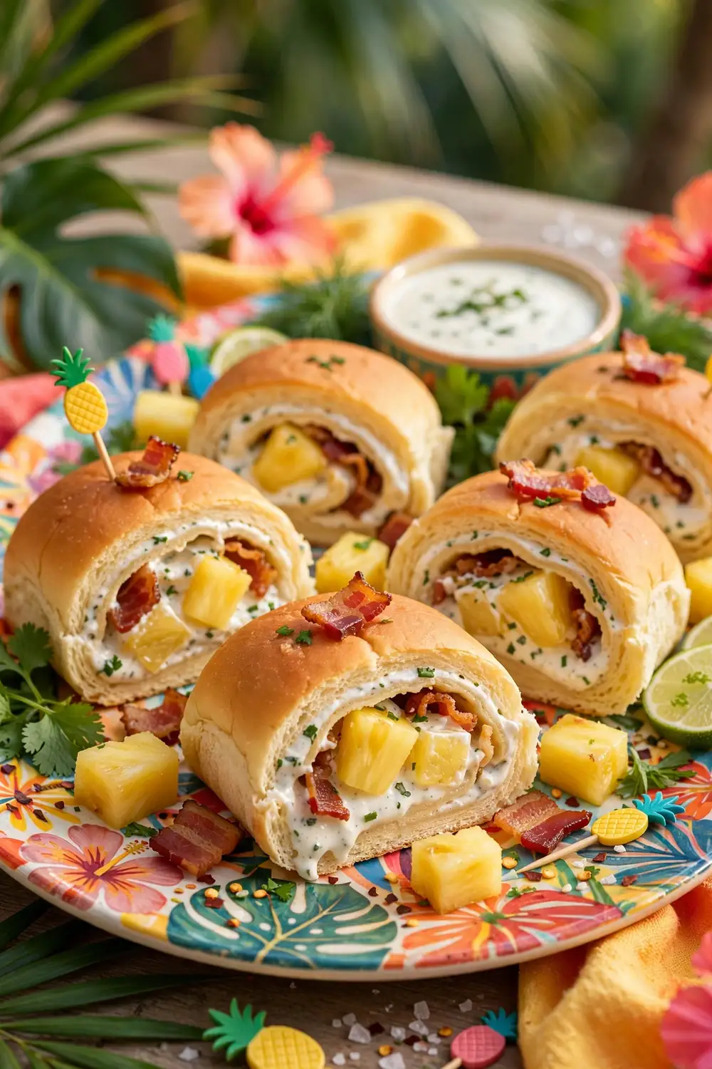 Hawaiian style roll-ups with pineapple, bacon and ranch on a bright platter