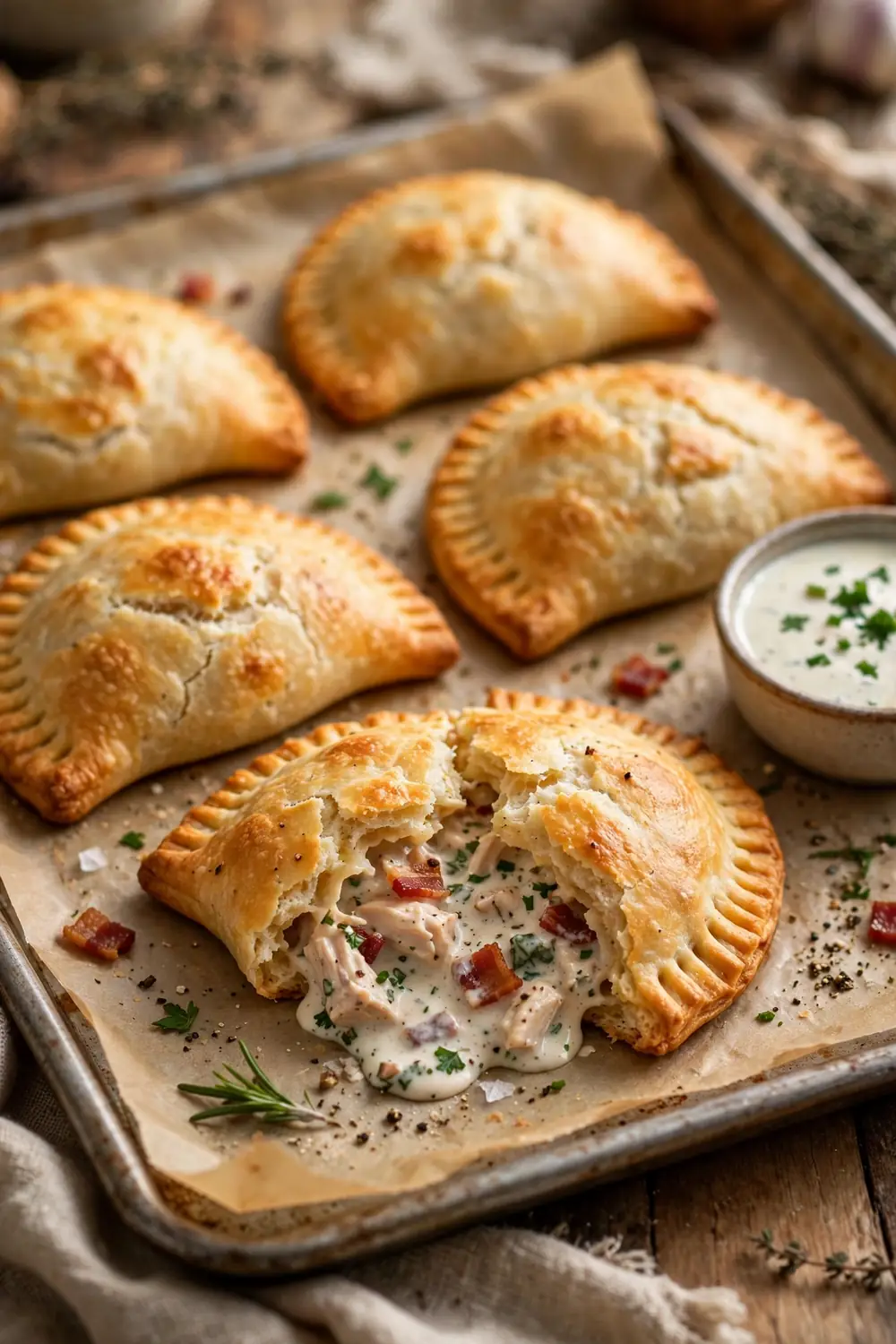 Golden biscuit dough pocket rolls sealed with fork crimps on a tray