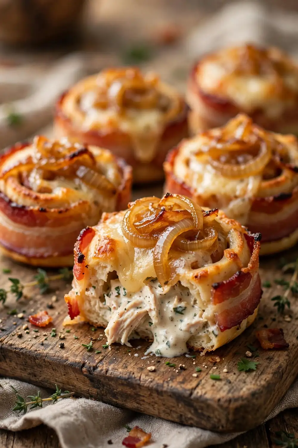 Sweet onion bacon rolls with caramelized onions and melted cheese