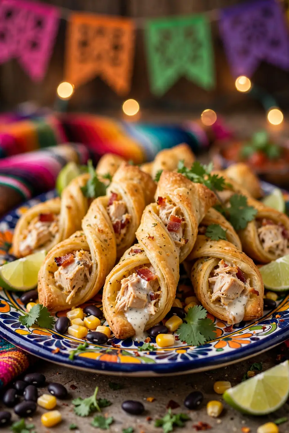 Tex-Mex ranch twists with corn, black beans and lime on a platter
