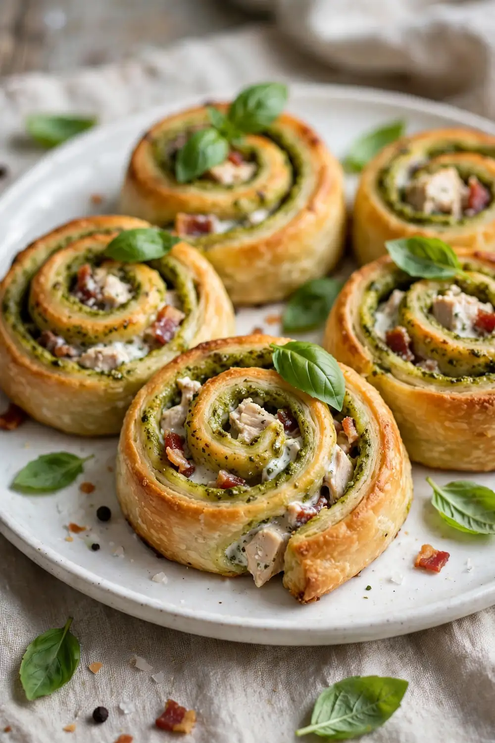 Pesto ranch chicken spirals with green swirls in golden dough