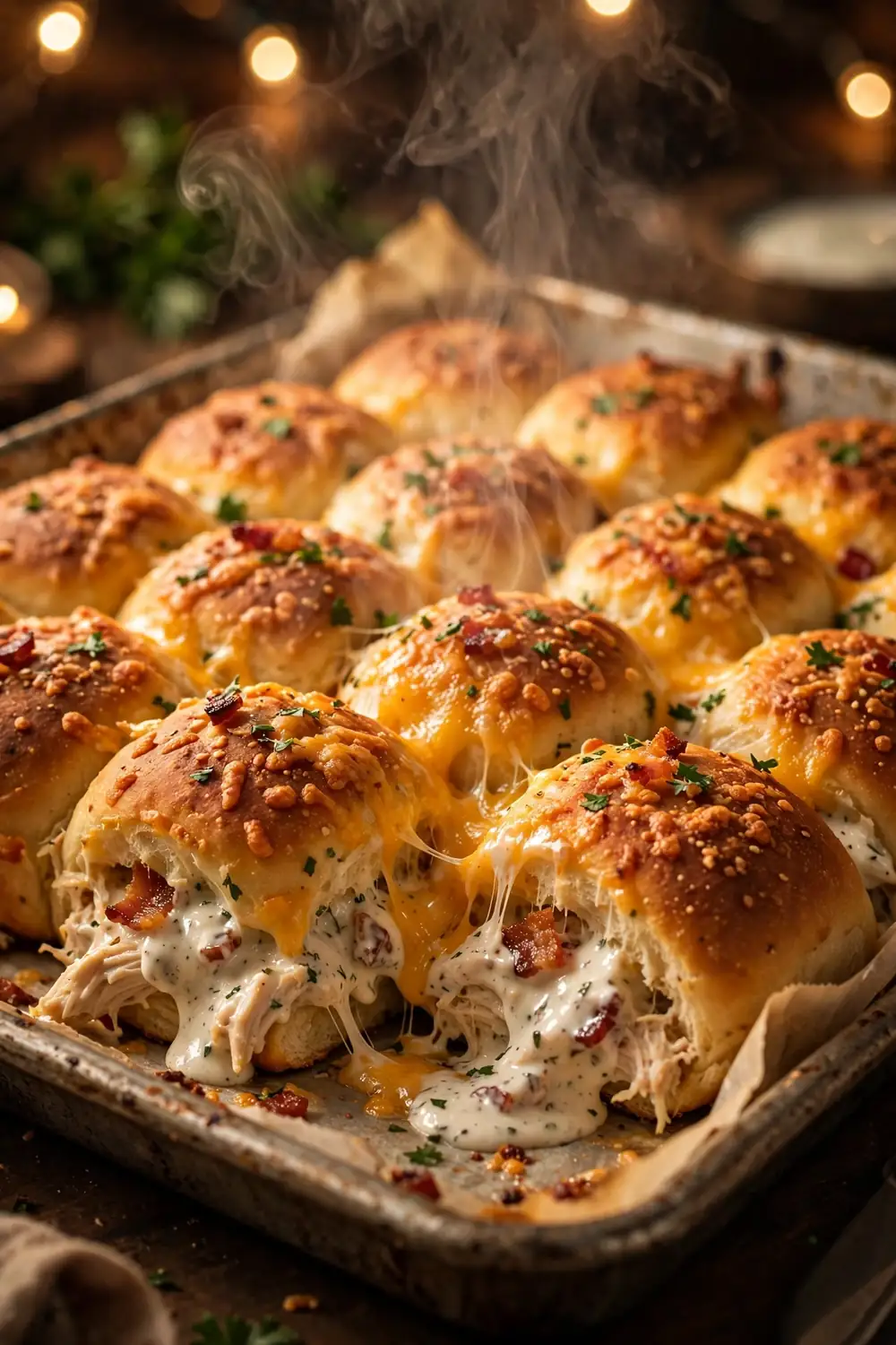 Sheet pan party rolls baked together, pull apart style with cheddar