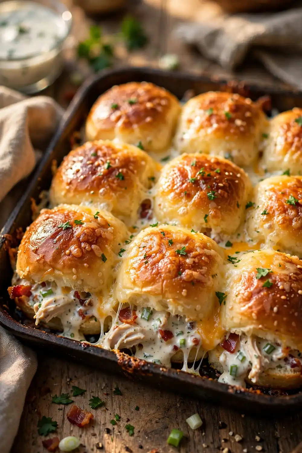Mini ranch slider bakes with buttered tops in a baking pan