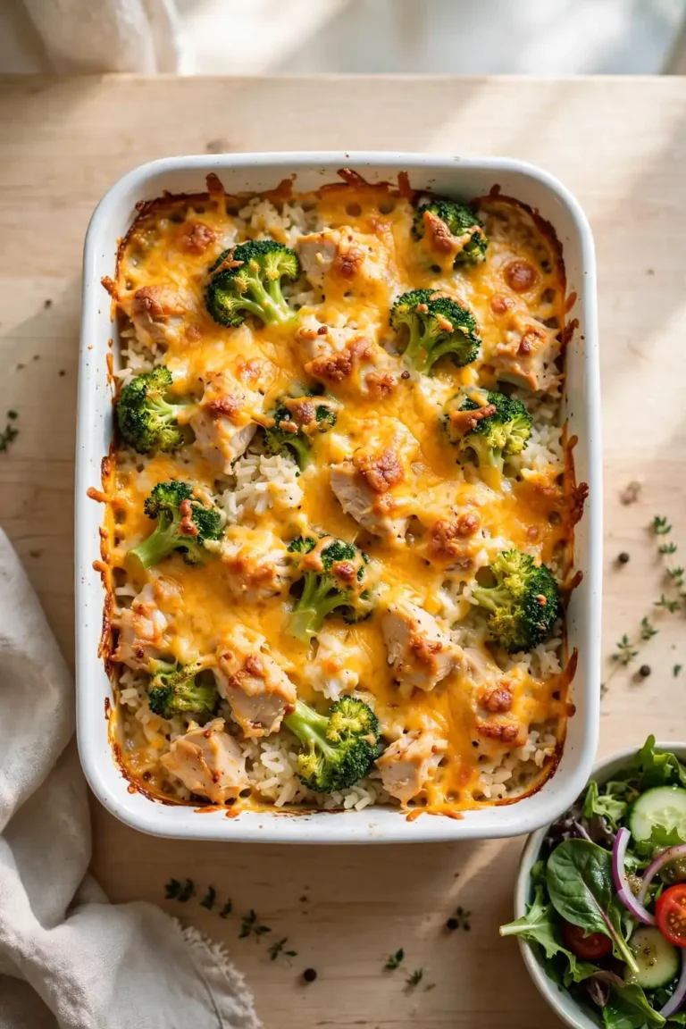 Cheesy chicken, broccoli, and rice casserole bake with golden melted cheddar in a white baking dish