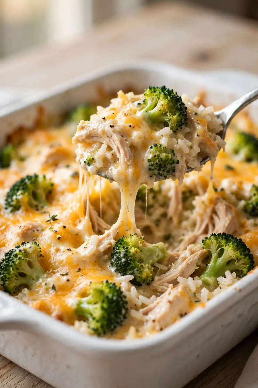 Creamy cheddar chicken, broccoli, and rice casserole with a spoon lifting melted cheese