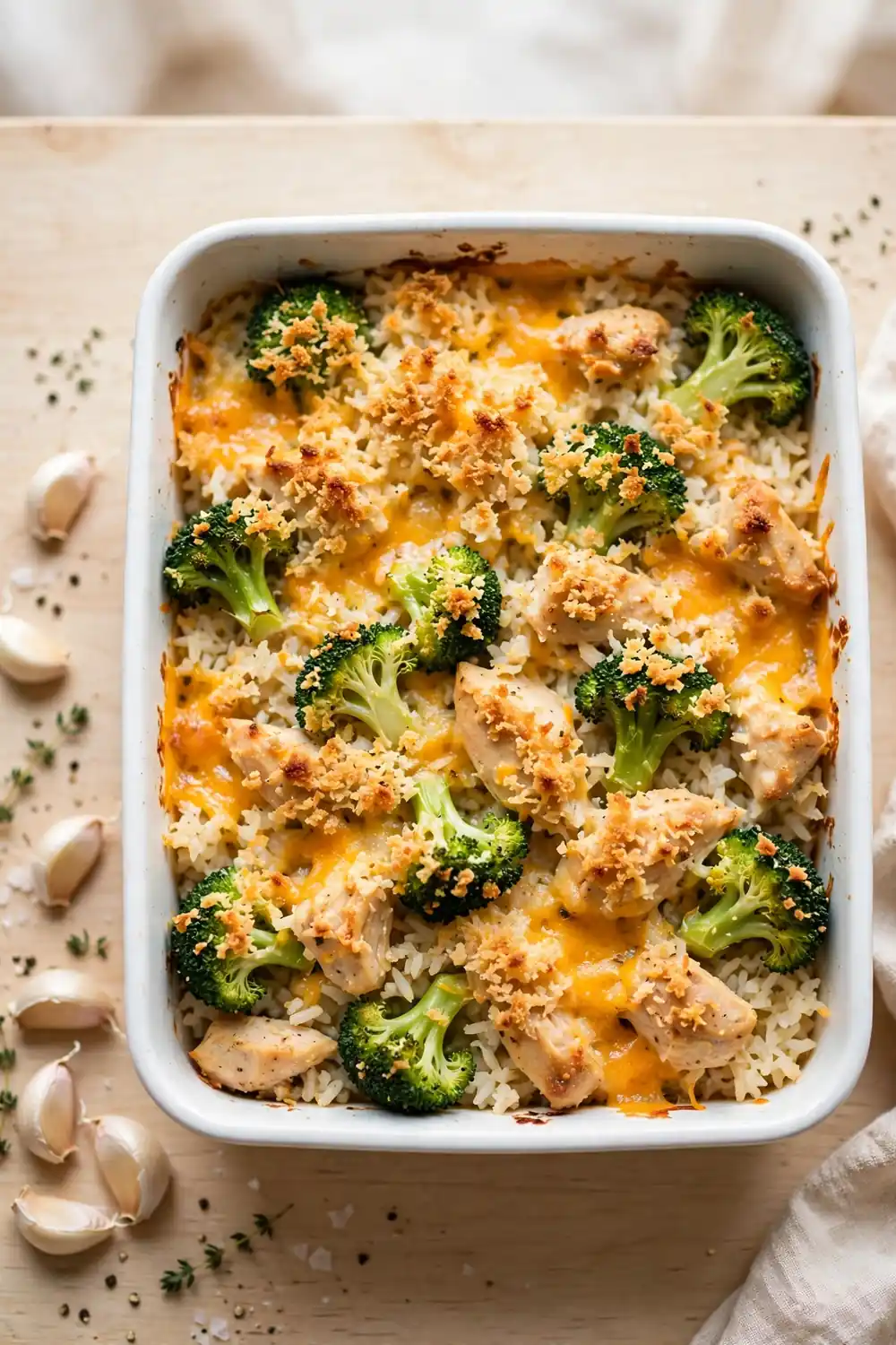Chicken, broccoli, and rice casserole bake with garlic butter crust and golden crumbs