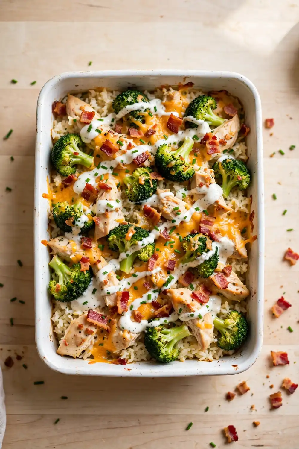 Bacon ranch chicken, broccoli, and rice casserole bake with crisp bacon and herbs