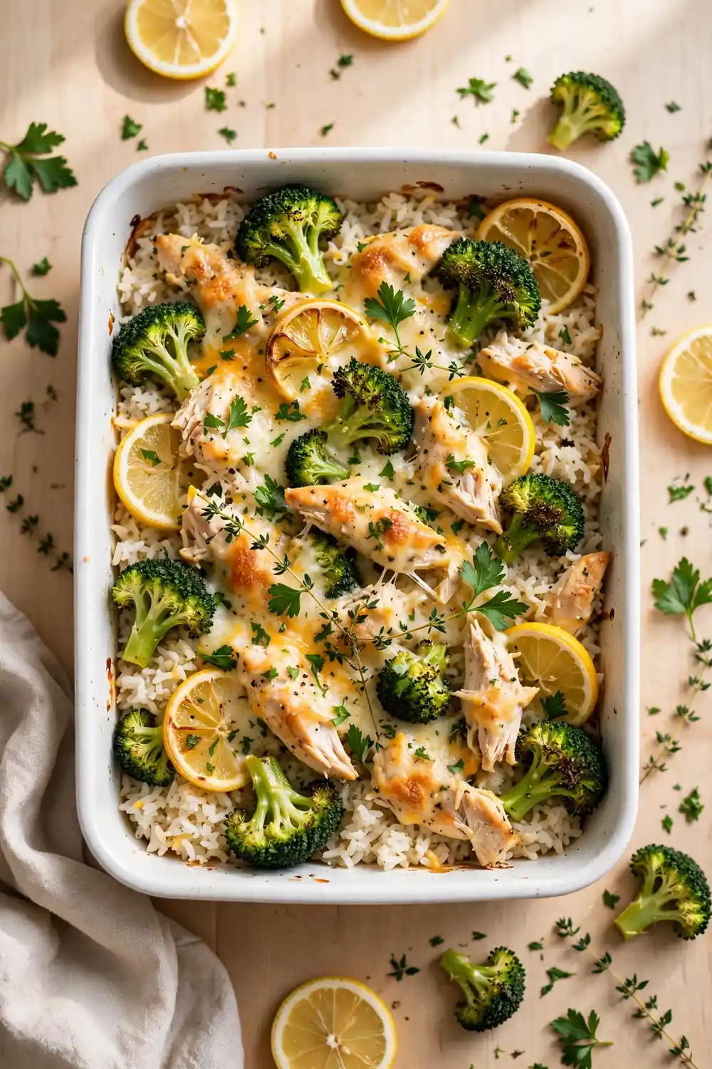 Lemon herb chicken, broccoli, and rice casserole bake with fresh herbs and lemon