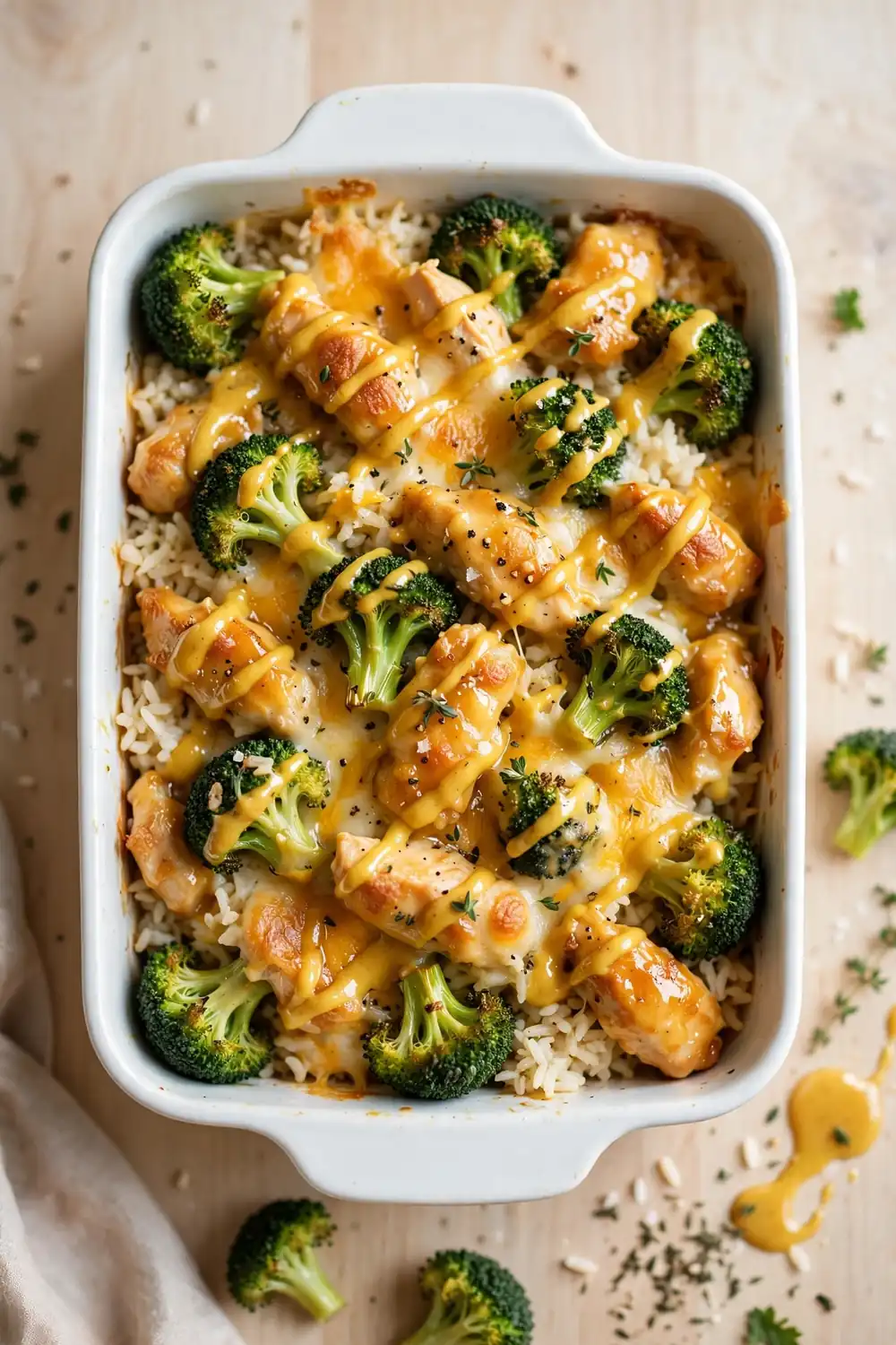 Honey mustard glazed chicken, broccoli, and rice casserole bake with golden top