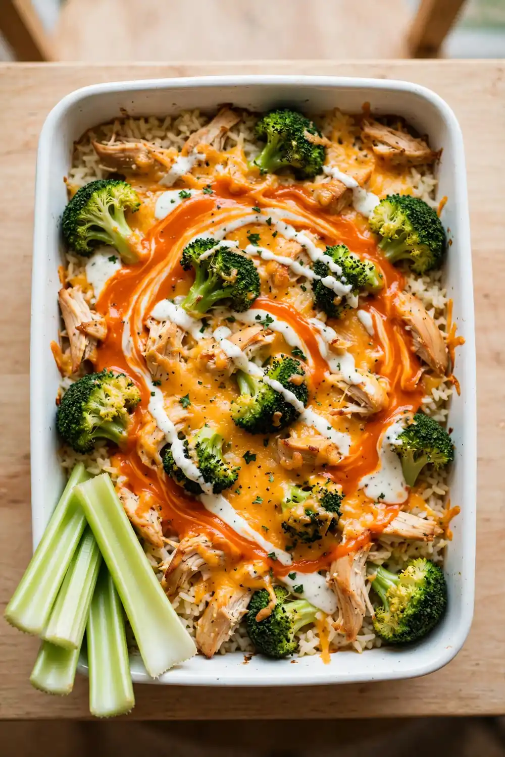 Buffalo ranch chicken, broccoli, and rice casserole bake with ranch drizzle