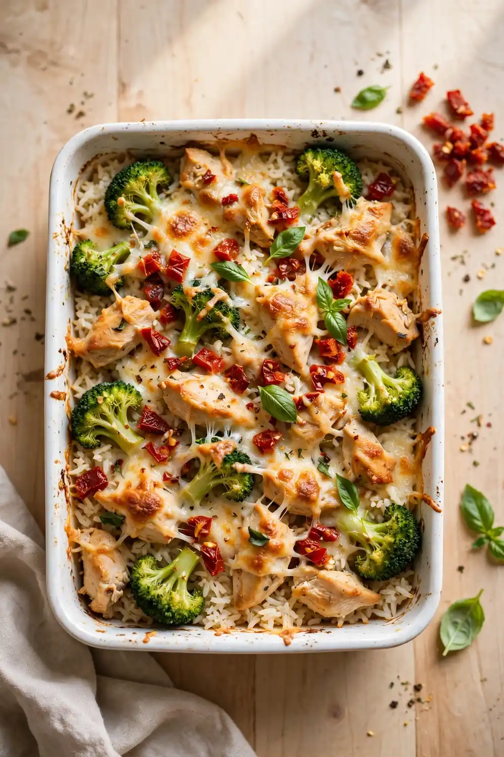Sun dried tomato chicken, broccoli, and rice casserole bake with basil
