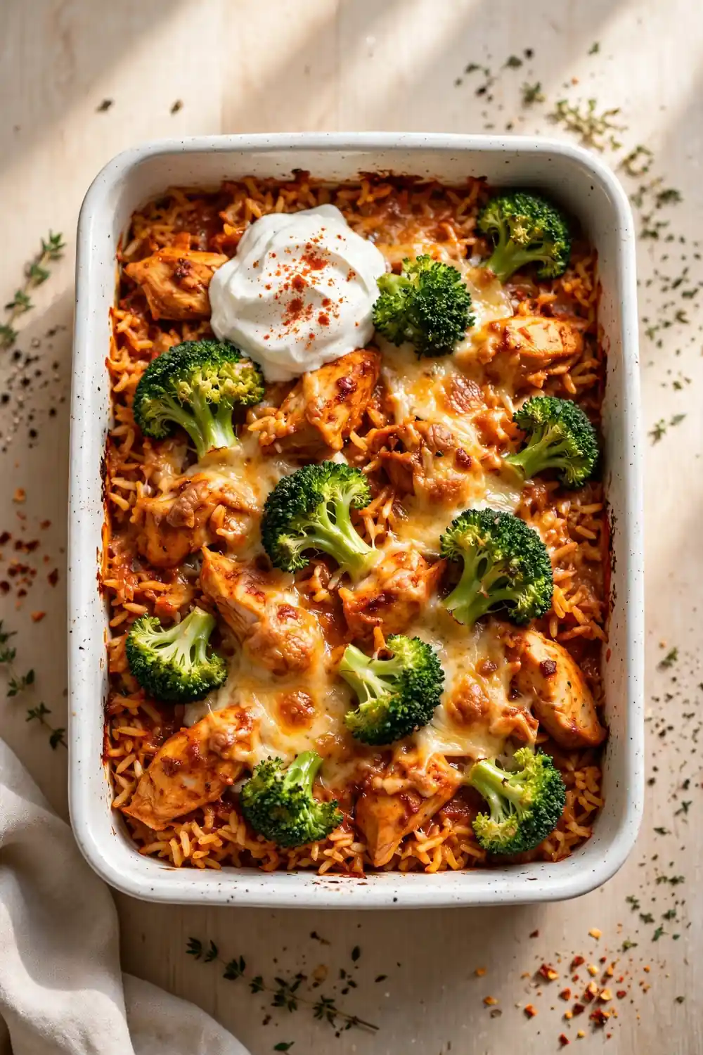 Smoky paprika chicken, broccoli, and rice casserole bake with deep golden color