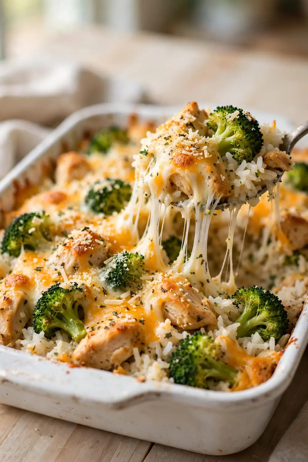 Three cheese chicken, broccoli, and rice casserole bake with stretching melted cheese