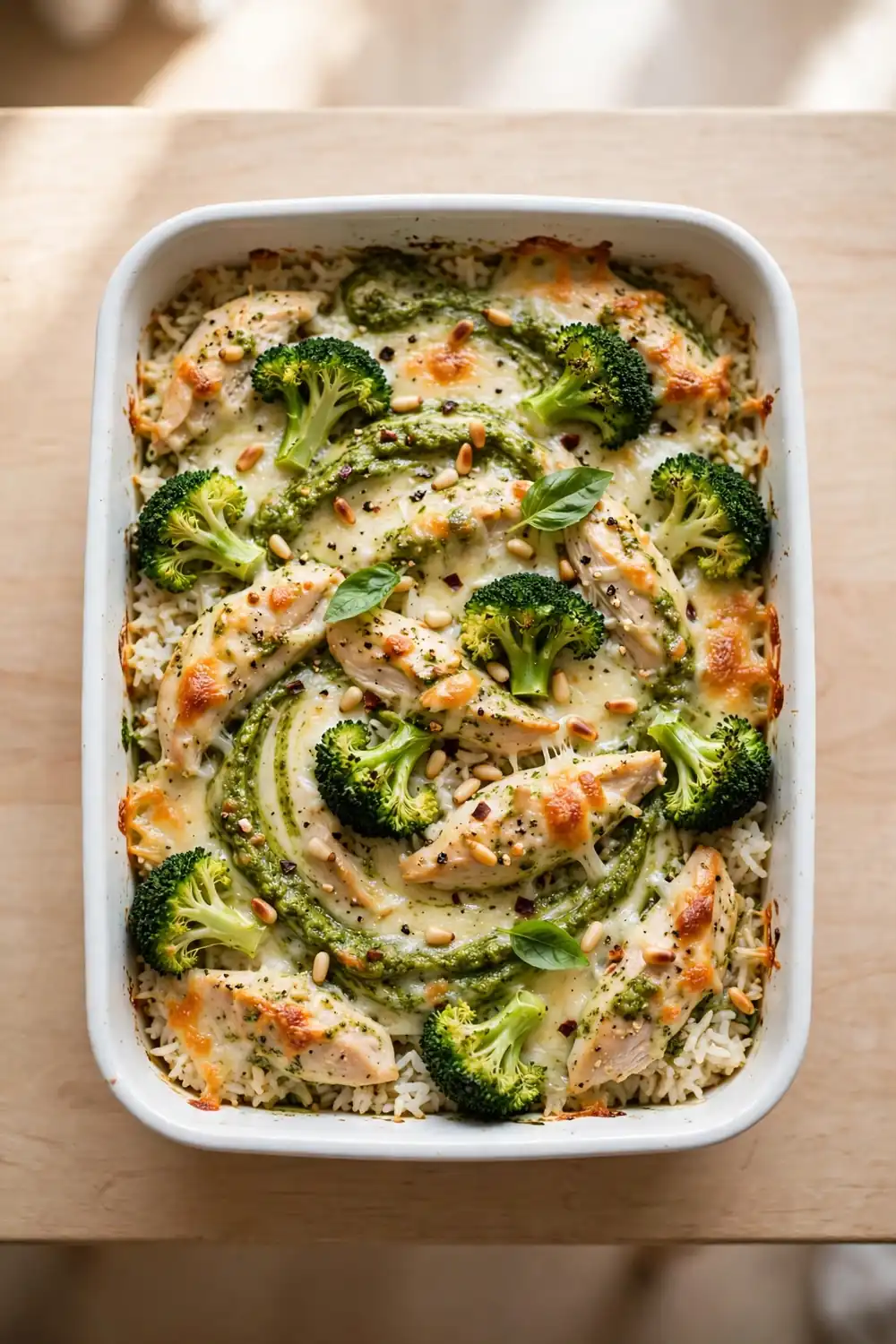 Pesto swirl chicken, broccoli, and rice casserole bake with green basil ribbons