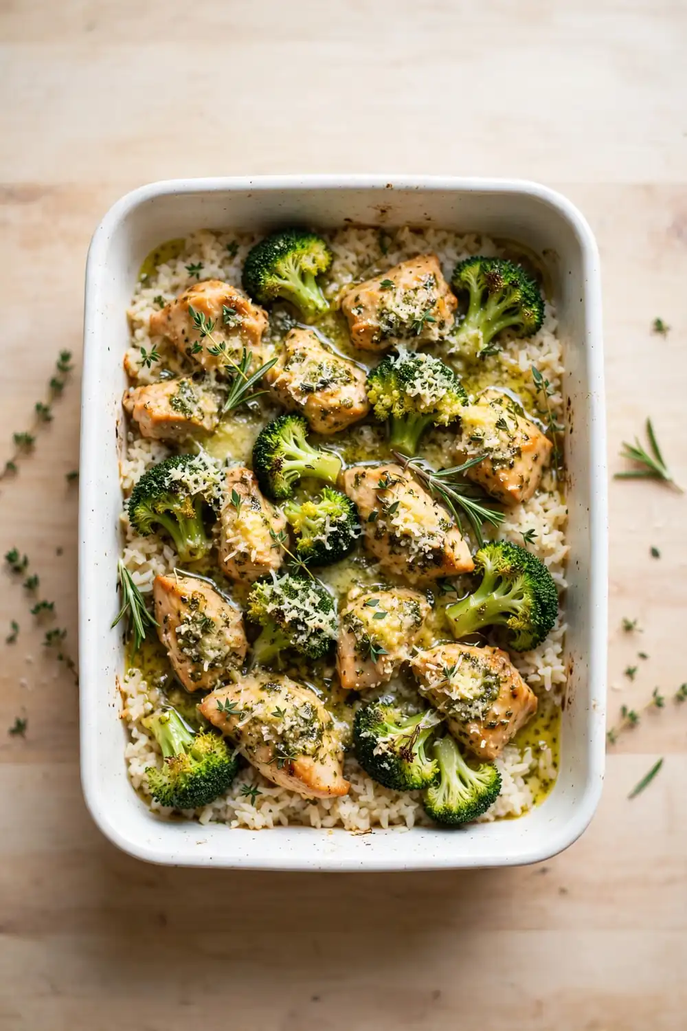 Herb butter chicken, broccoli, and rice casserole bake with fresh thyme